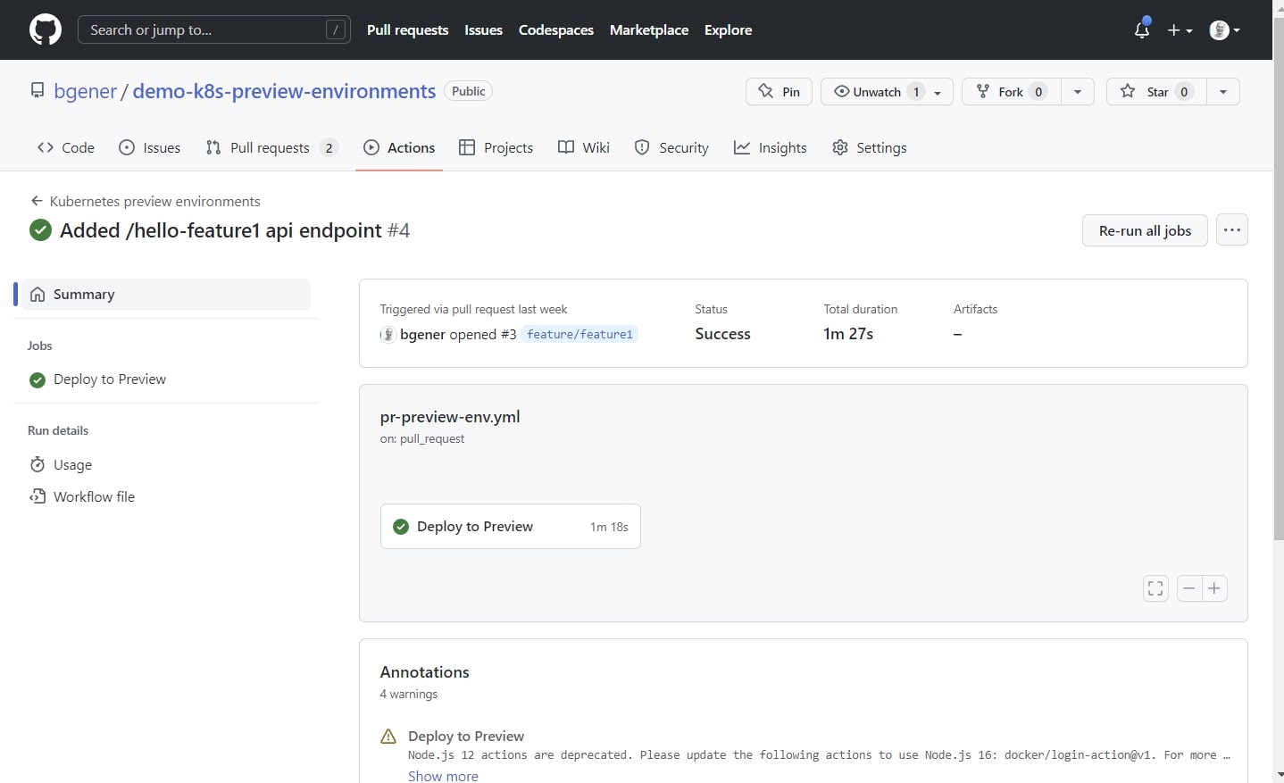 A screenshot showing the GitHub workflow running