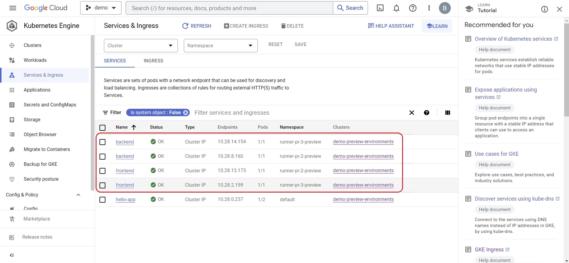 A screenshot showing services on the GKE cluster