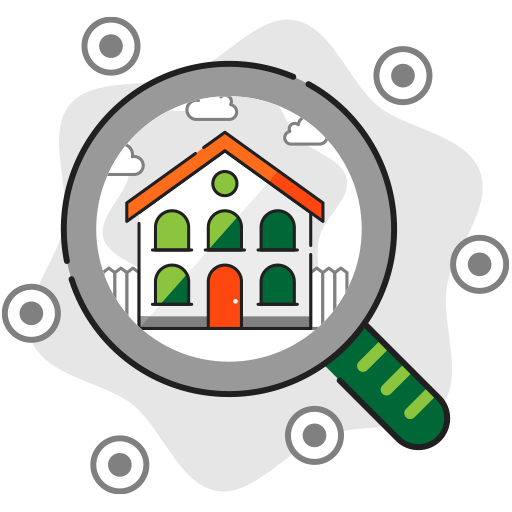 A line icon of a house under a magnifying glass