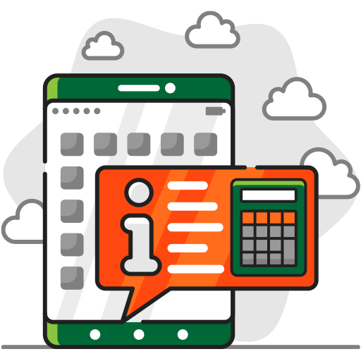 A line icon illustration of a phone with an information letter 'i' icon and a calculator
