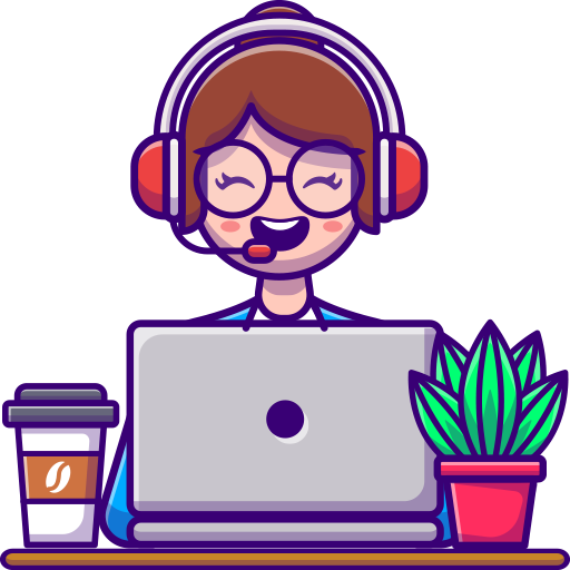 A cartoon style illustration of a woman wearing a headset and talking on the phone while sitting behind a laptop