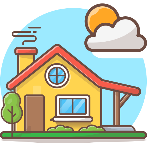 A cartoon style illustration of a yellow house on a sunny day with the sun in the sky and a cloud