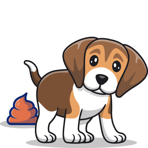 A cartoon style illustration of a cute beagle puppy that has just pooped