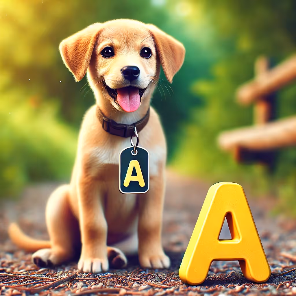 A realistic photo of a cute dog, prominently displaying the letter 'A' either on a tag around its neck or next to it on the ground. The dog should appear friendly and approachable, sitting or standing in a natural setting. The scene should be vibrant and colorful, capturing the essence of a happy, healthy pet.
