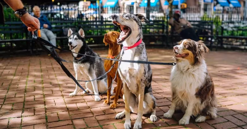 Groupe de chiens avec des laisses pour chien
