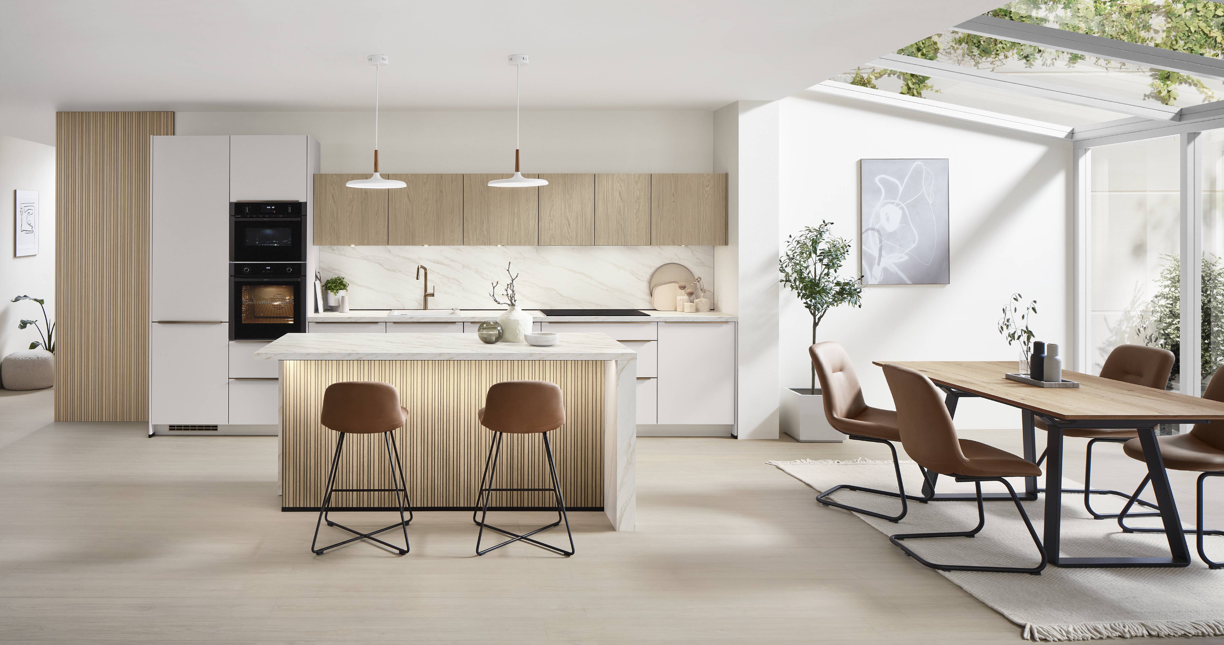 Nobilia Softline 509 keuken met eiland, naturel eikenhout en marmerlook werkblad