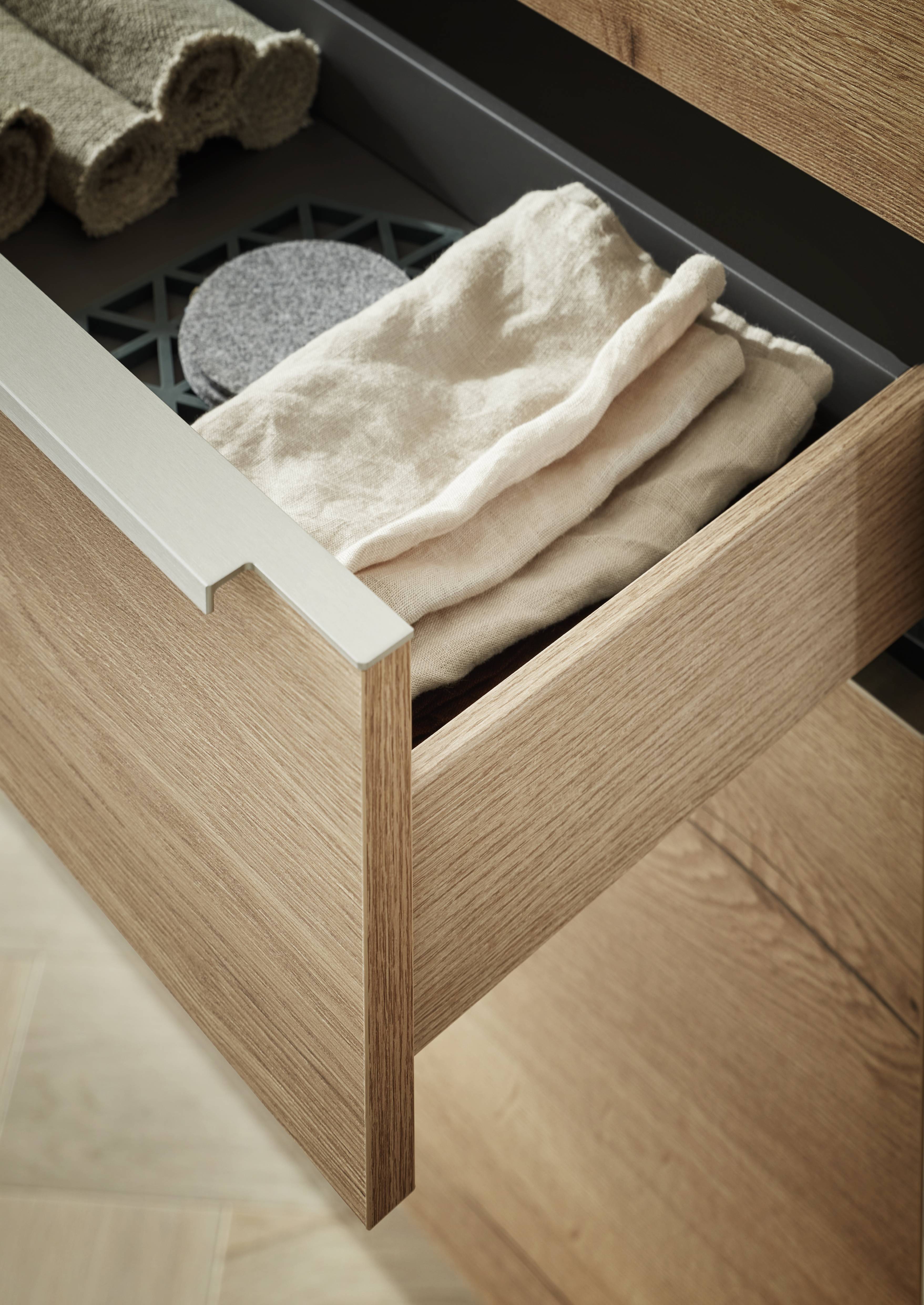 Nobilia Structura 405 keuken lade in naturel eiken met linnen doeken