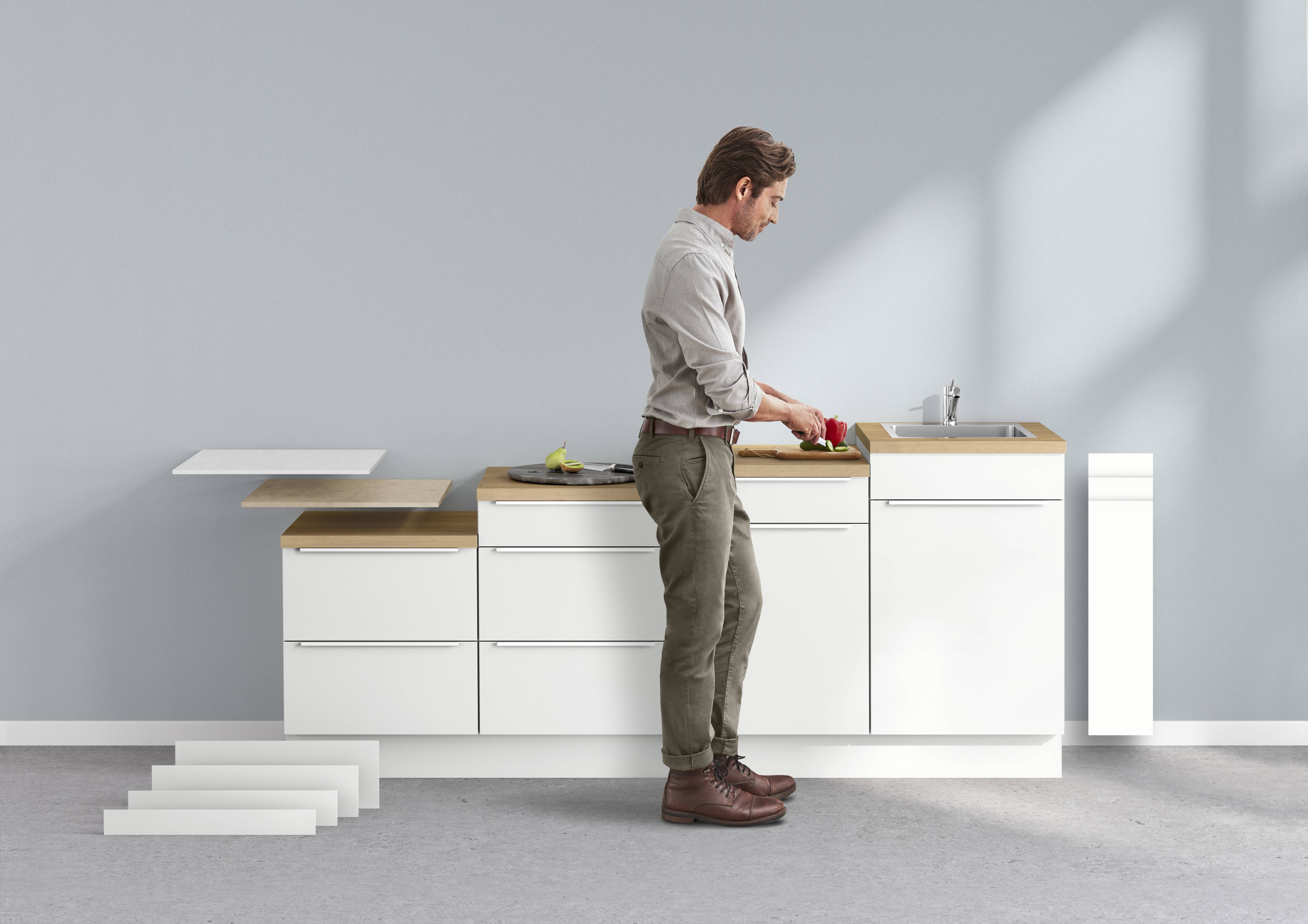 Nobilia Touch 332 witte minimalistische rechte keuken met eiken werkblad