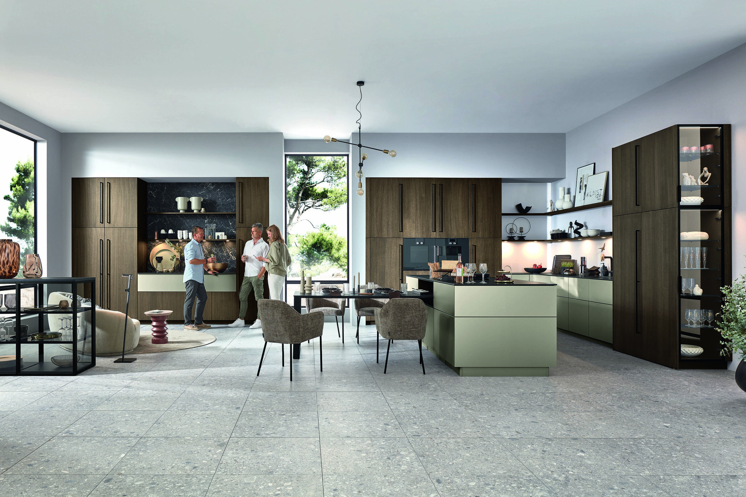 Ballerina Smart M 4676 Tim 6100 eilandkeuken in saliegroen met walnoothout kasten in lichte woonkeuken