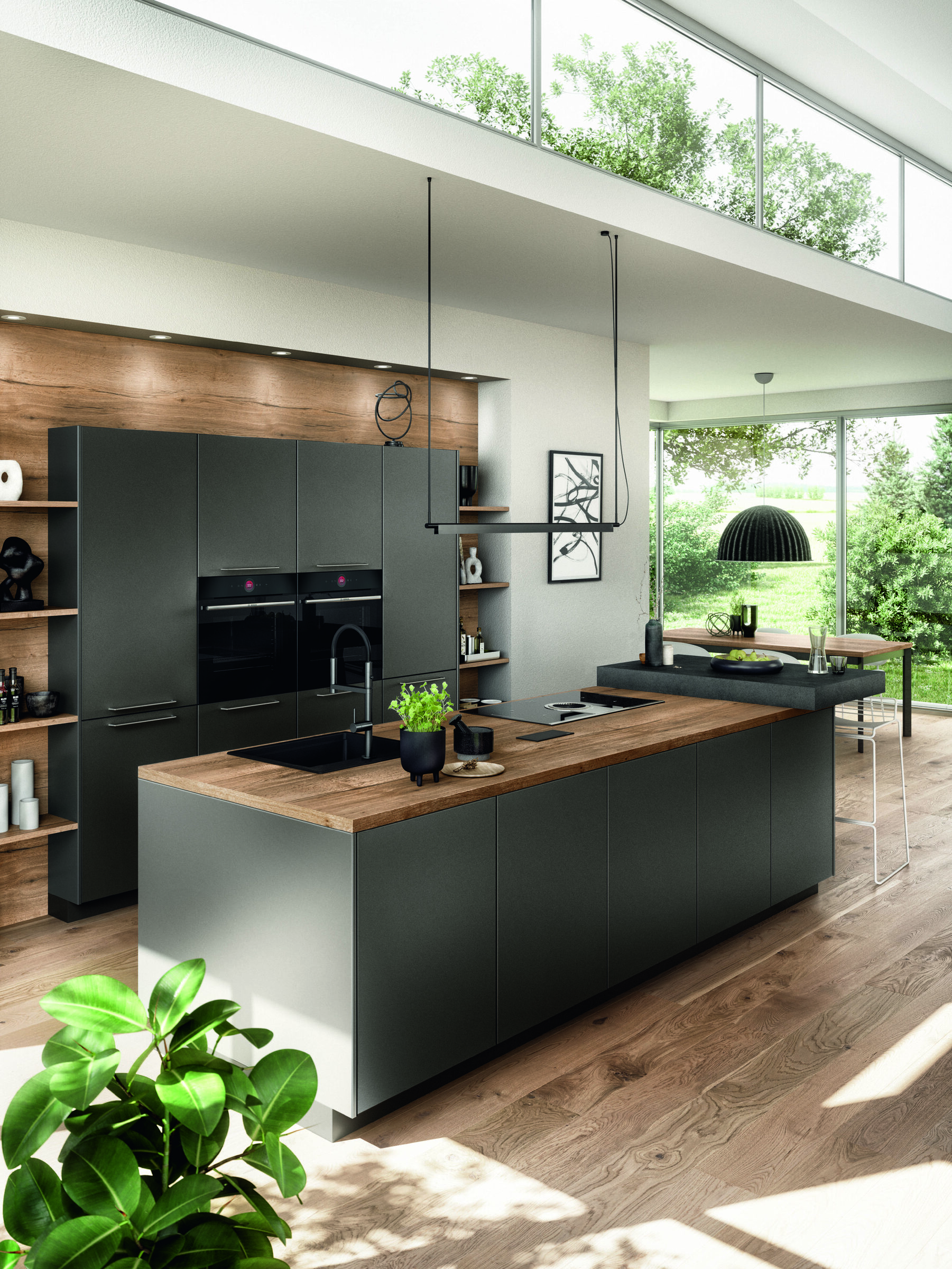 Nobilia Artis 937 moderne eilandkeuken in diep saliegroen met warm eiken werkblad