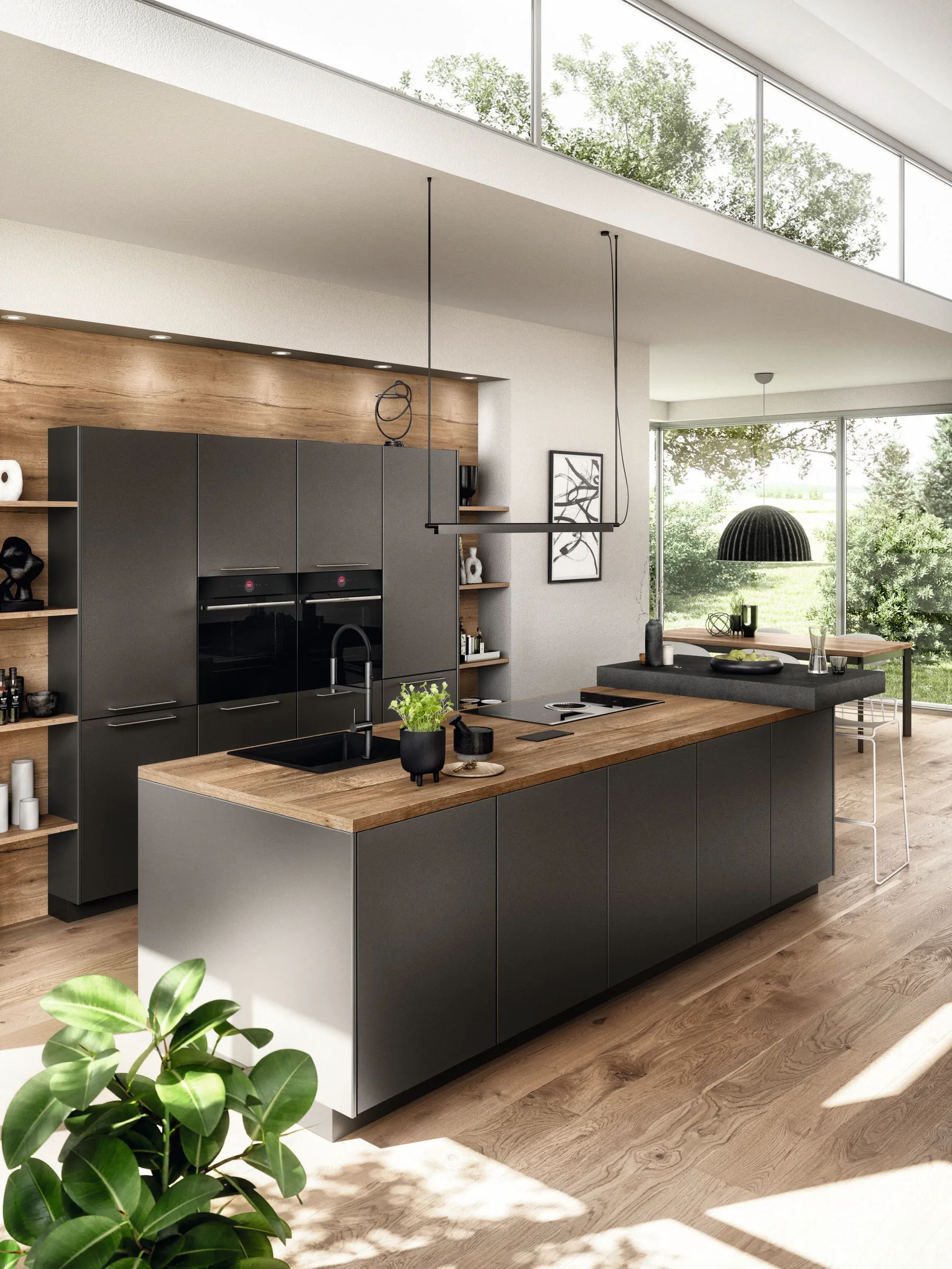 Nobilia Artis 937 moderne eilandkeuken in diep saliegroen met warm eiken werkblad