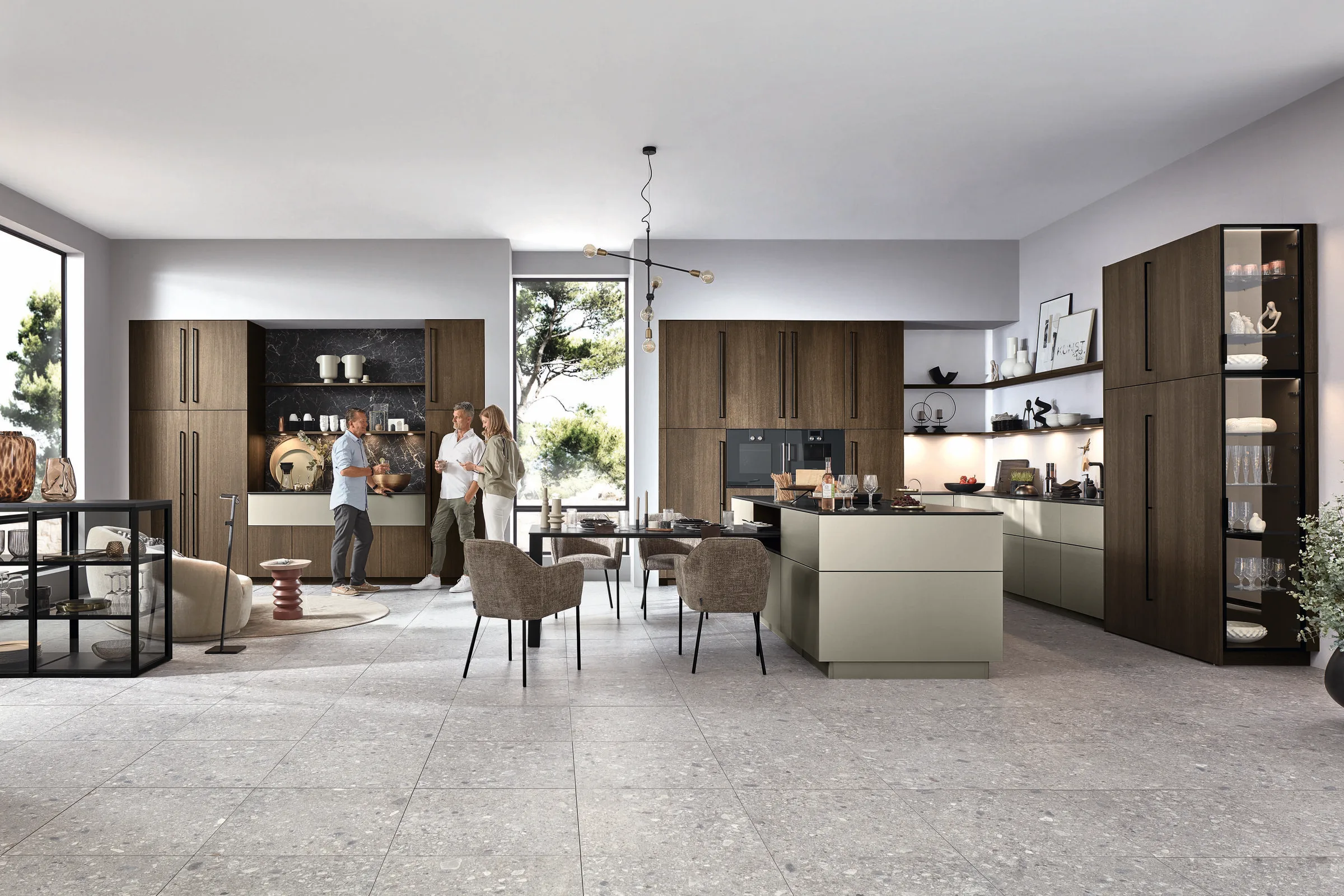 Ballerina Smart M 4676 Tim 6100 open keuken met donker walnoot houtdecor en saliegroen eiland