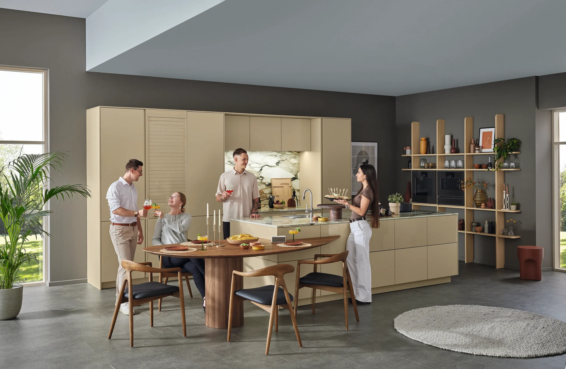 Ballerina Smart M 4696 matte olijfgroene eilandkeuken met open eiken rek en marmerlook spatbord