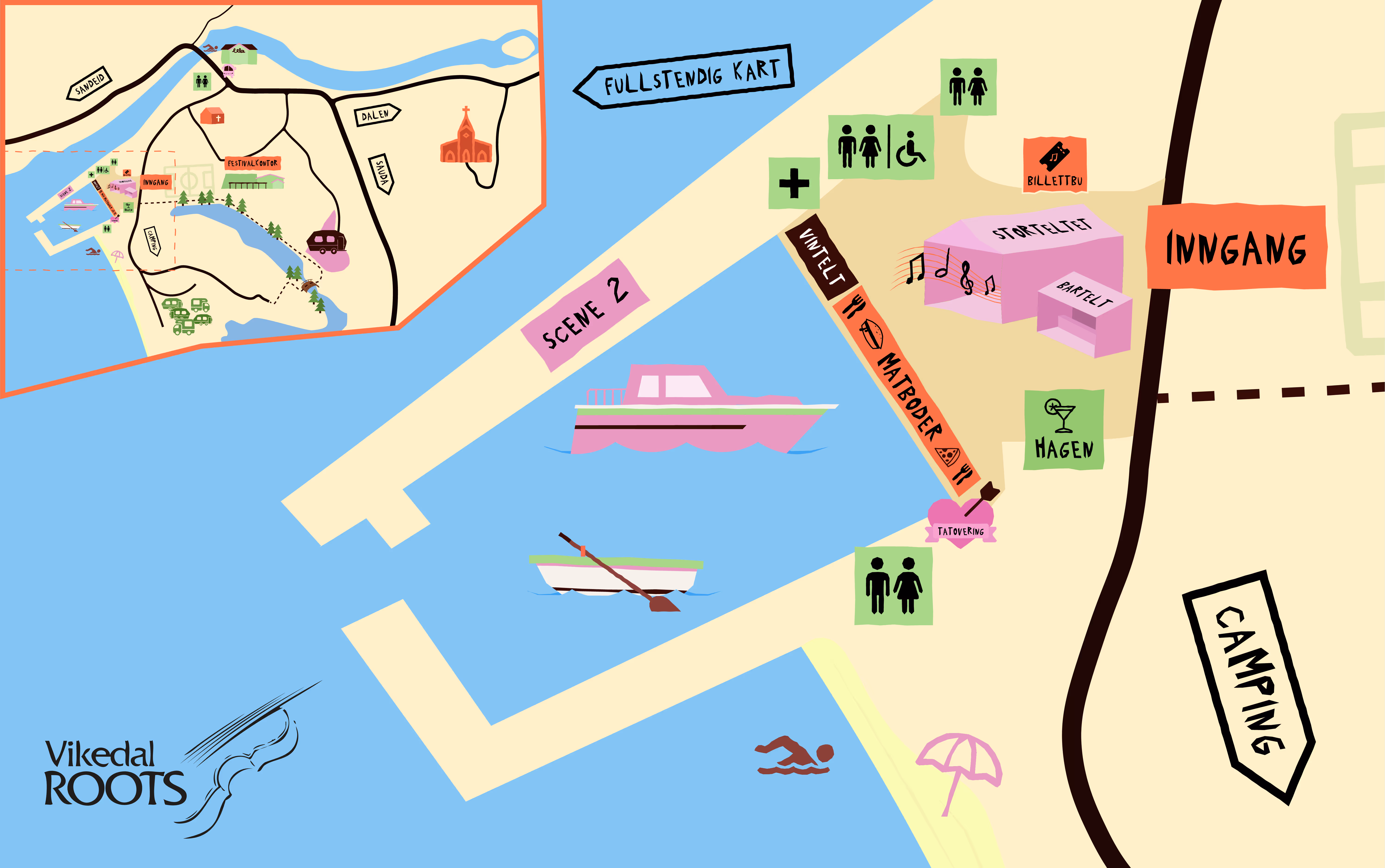 Kart over Vikedal Roots festivalområdet med inngang, scene 2, stortelt og bartelt ved vannet, fasiliteter som toaletter, matboder, vin telt, hage og campingområde.