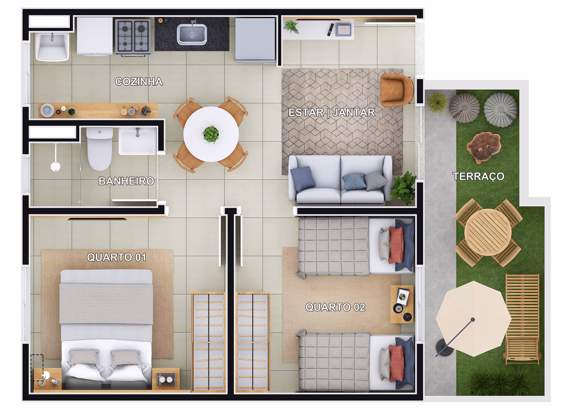 Planta 2 dormitórios • 39,52 + 9,20m² (final 4 - bloco F c/ quintal)