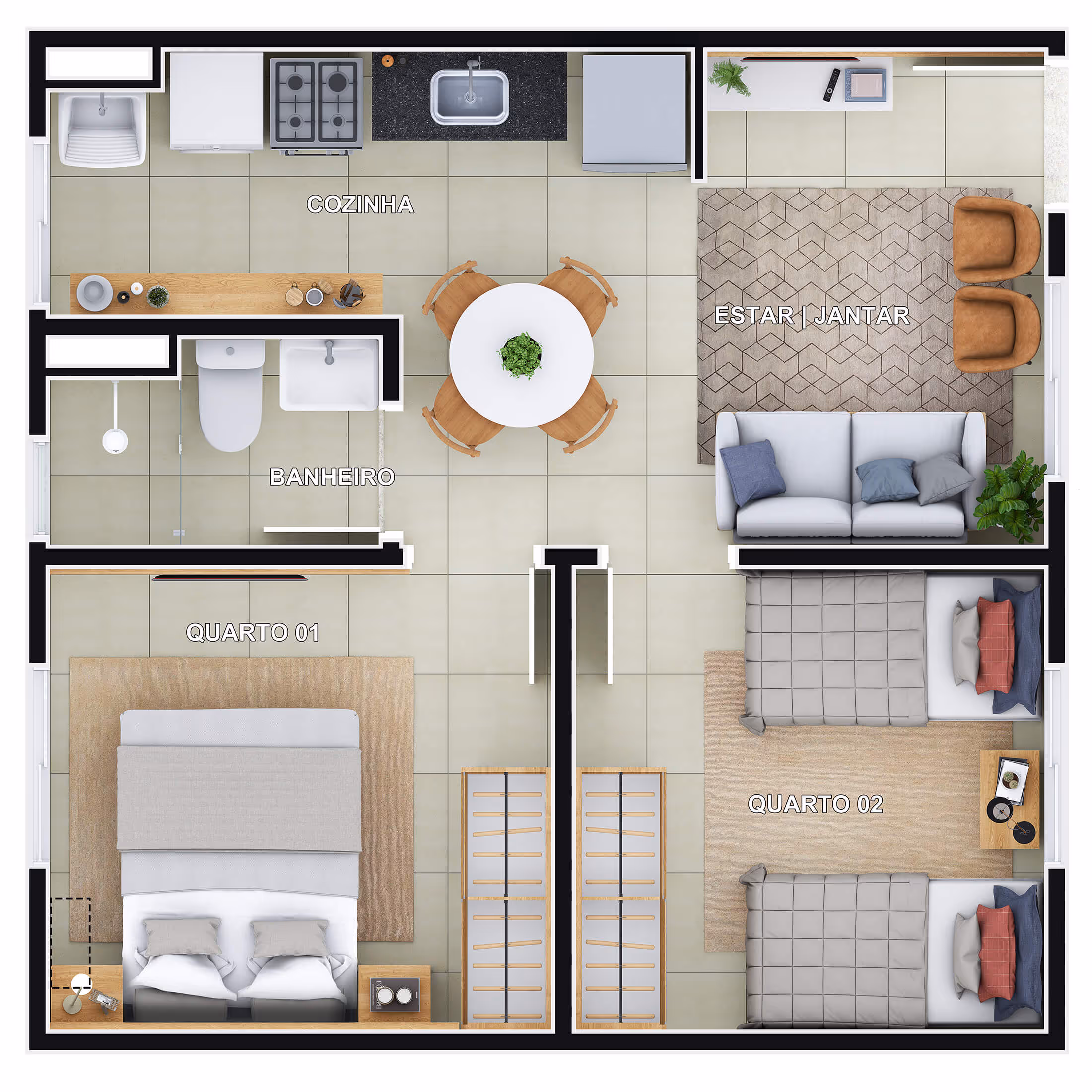 Planta 2 dormitórios • 39,21m² (final 4 - blocos A-D, G-I)