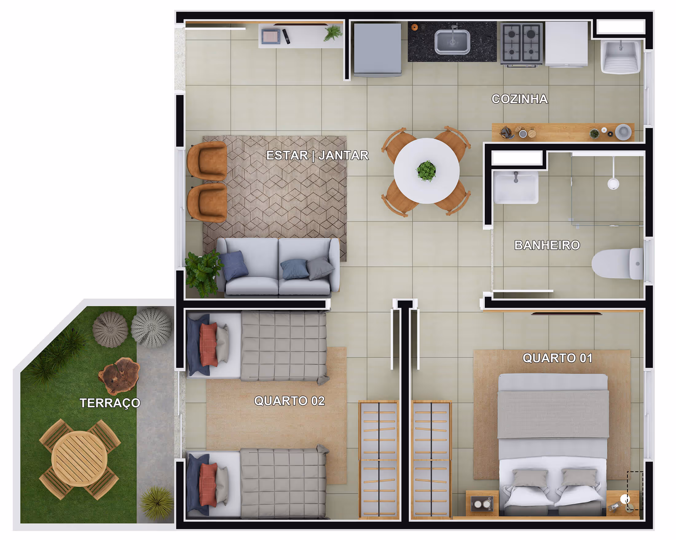 Planta 2 dormitórios • 44m² + 6,22m² (final 1 – bloco E c/quintal)
