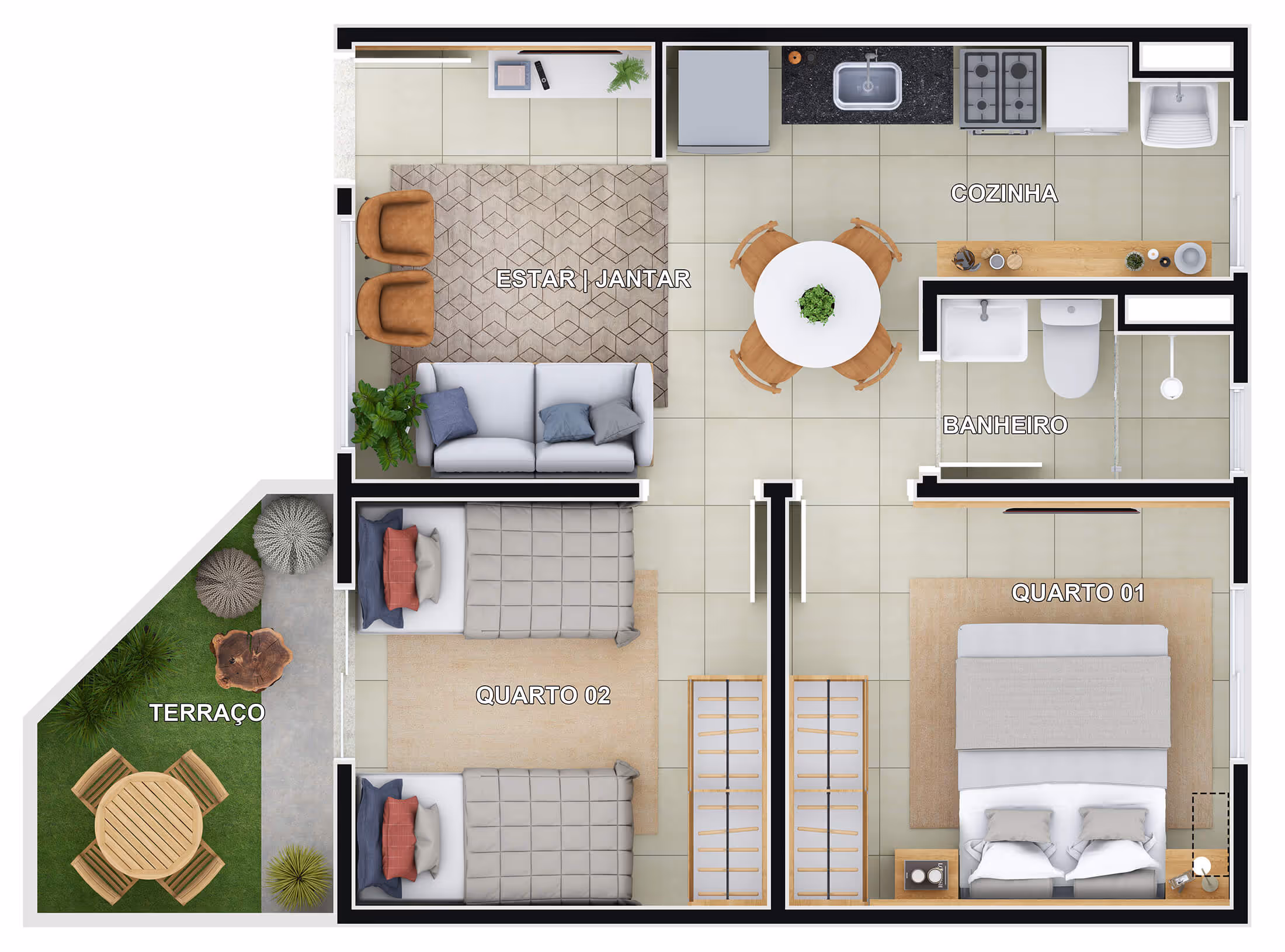 Planta 2 dormitórios • 39,21m² + 5,31m² (final 1 – blocos A-D, G-I c/ quintal)