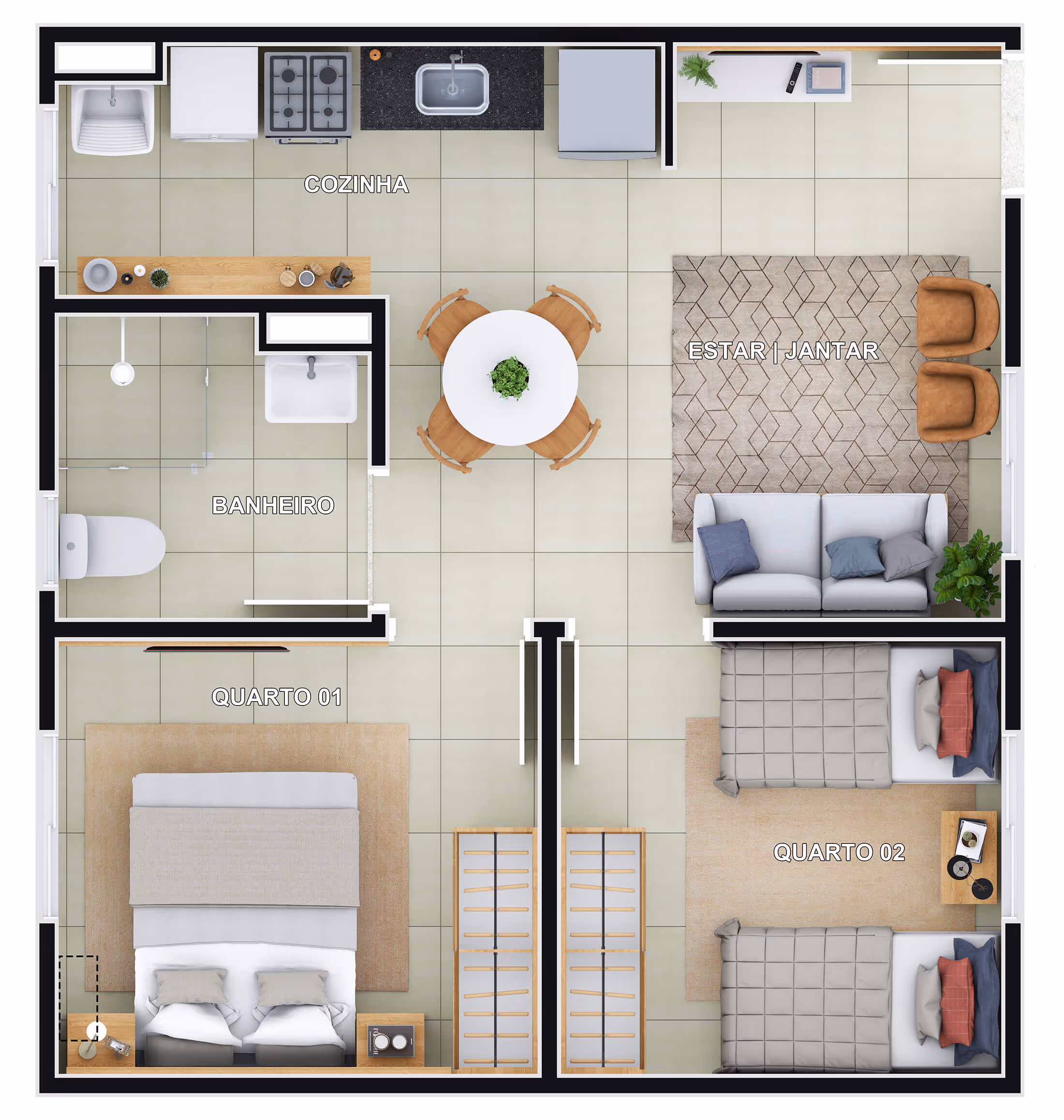 Planta 2 dormitórios • 44m² (final 4 - bloco E)