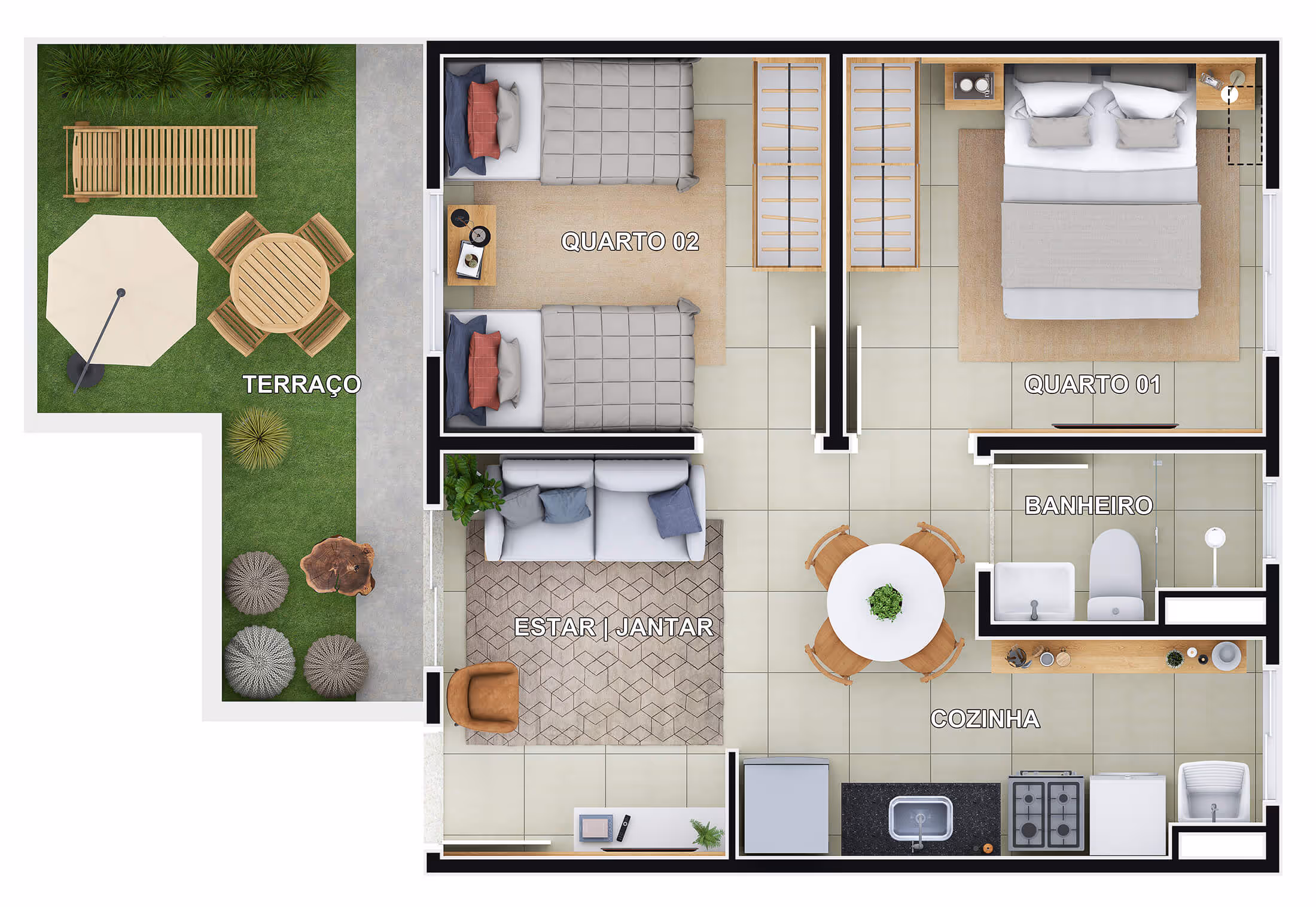 Planta 2 dormitórios • 39,52m² + 11,42m² (final 1 - bloco F c/ quintal)