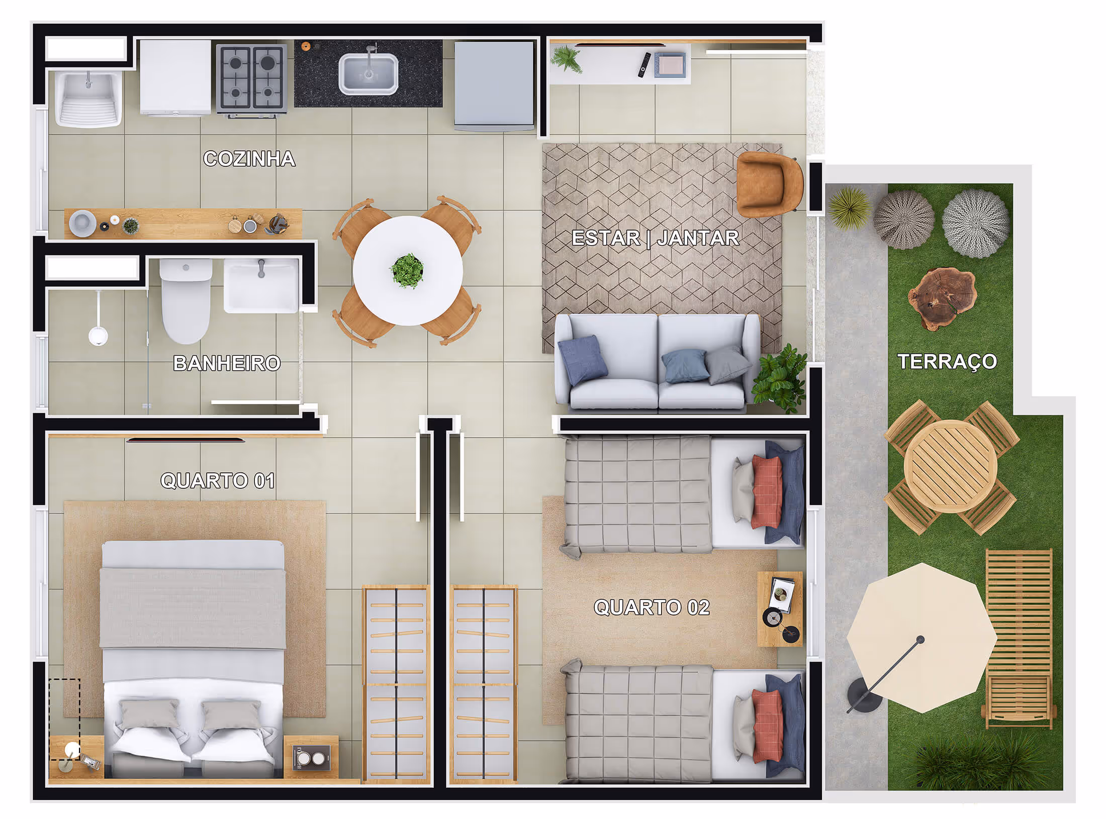 Planta 2 dormitórios • 39,21m² + 9,20m² (final 4 - blocos B-G c/ quintal)