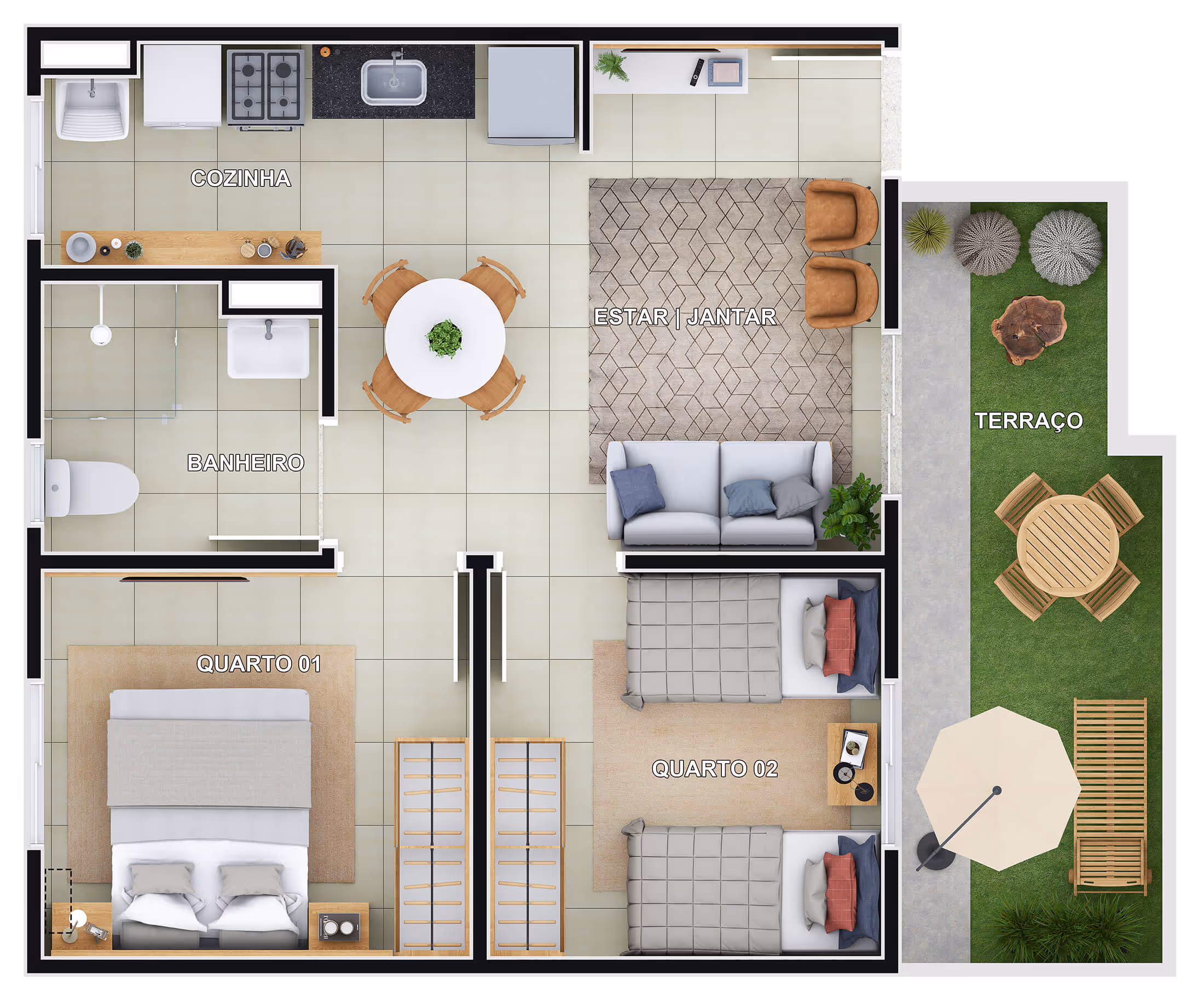 Planta 2 dormitórios • 44m² + 10,60m² (final 4 - bloco A c/ quintal)