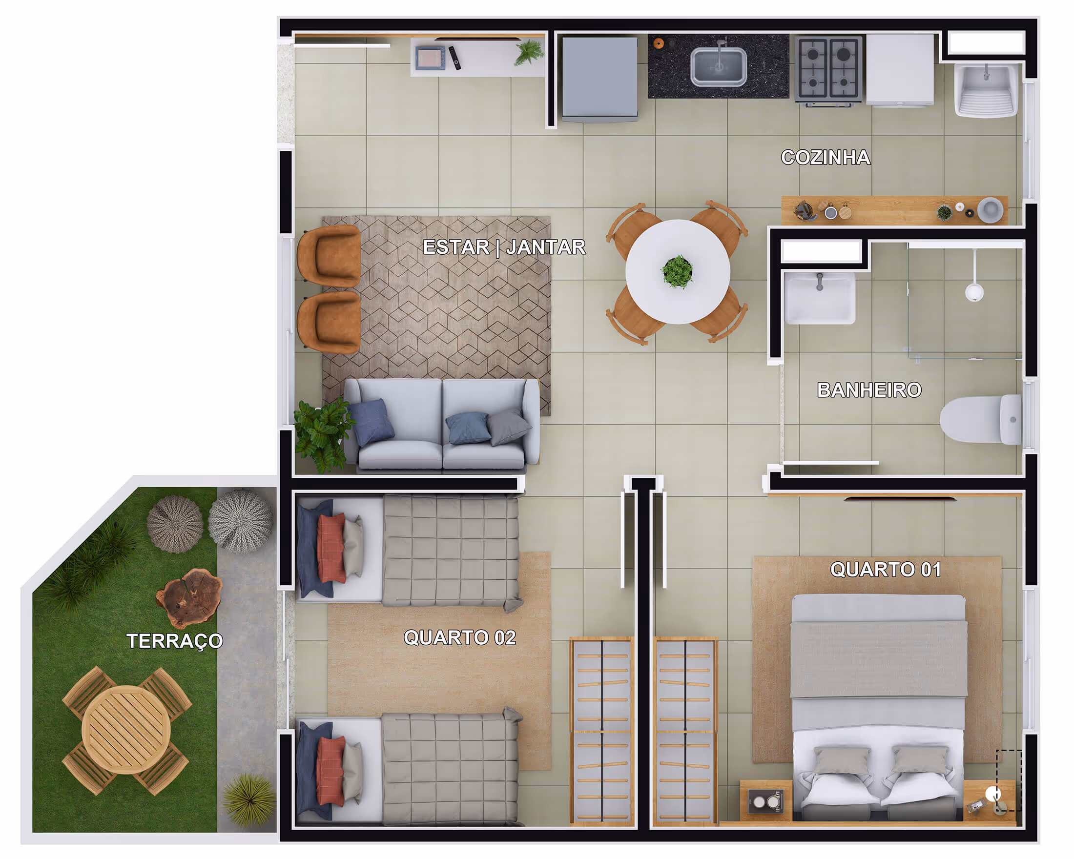 Planta 2 dormitórios • 44m² + 6,22m² (final 1 - bloco A c/ quintal)