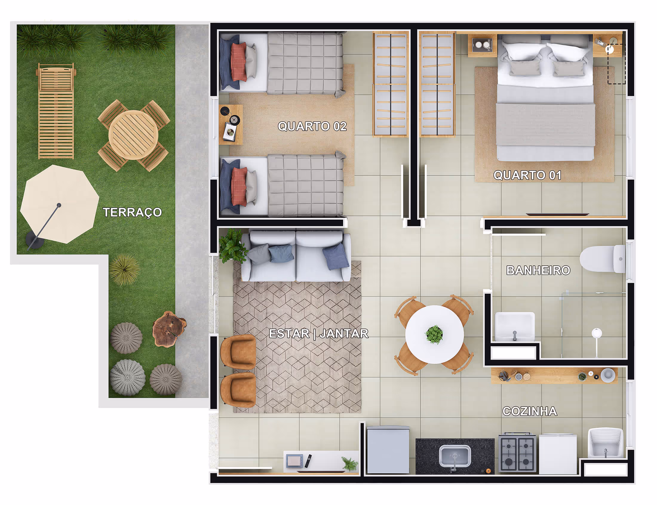 Planta 2 dormitórios • 44m² + 13,47m² (final 4 - blocos A c/ quintal)