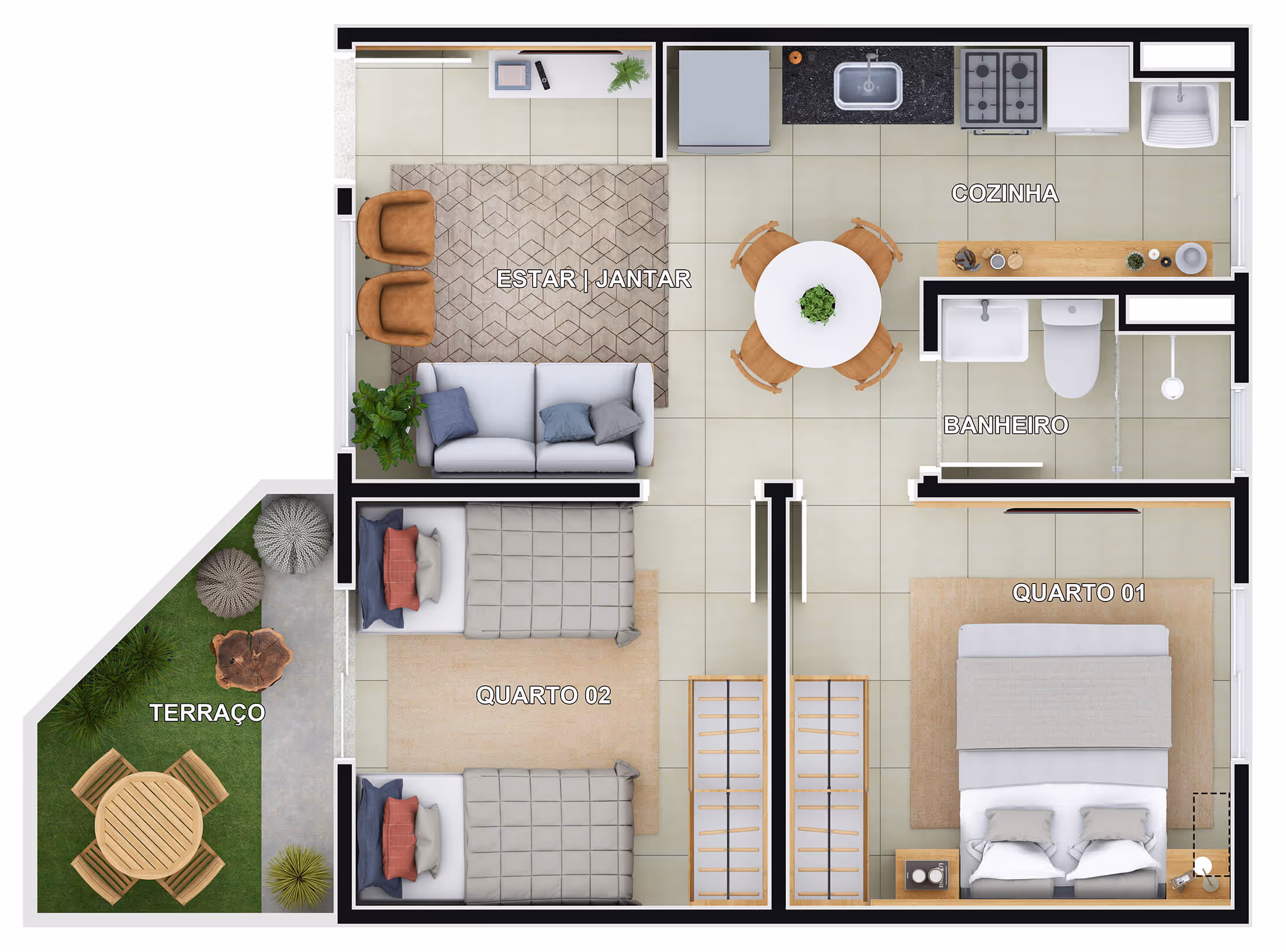 Planta 2 dormitórios • 39,21m² + 5,31m² (final 1 - blocos B-G c/ quintal)