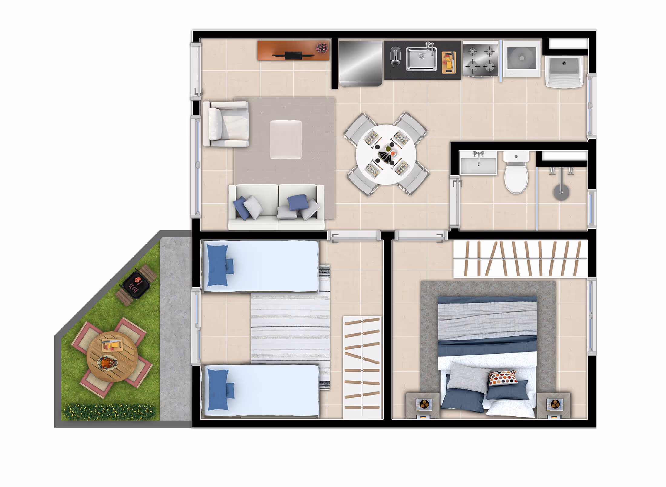 Planta 2 dormitórios • 39,21 + 5,31m² (c/ quintal)