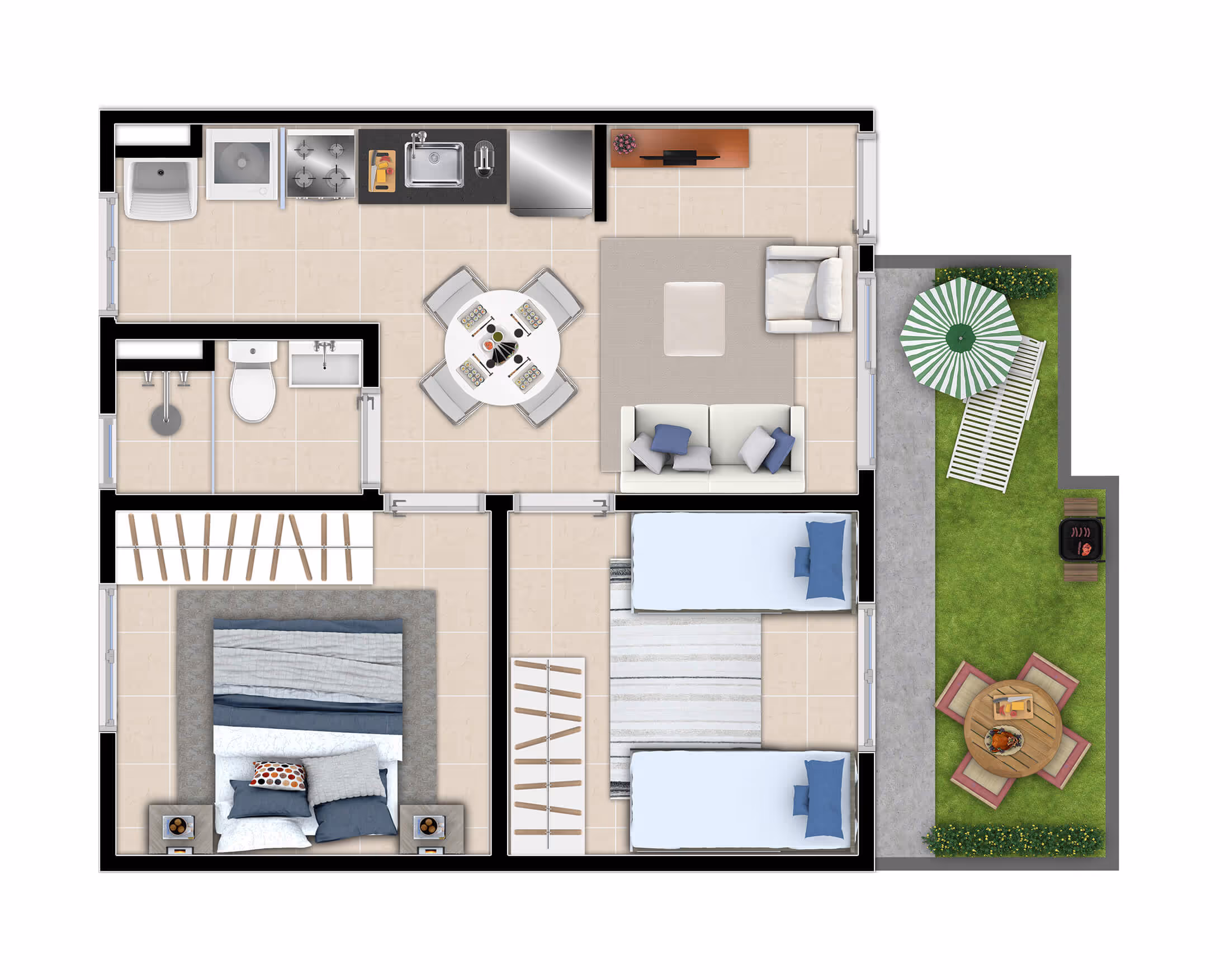 Planta 2 dormitórios • 39,21 + 9,20m² (c/ quintal)