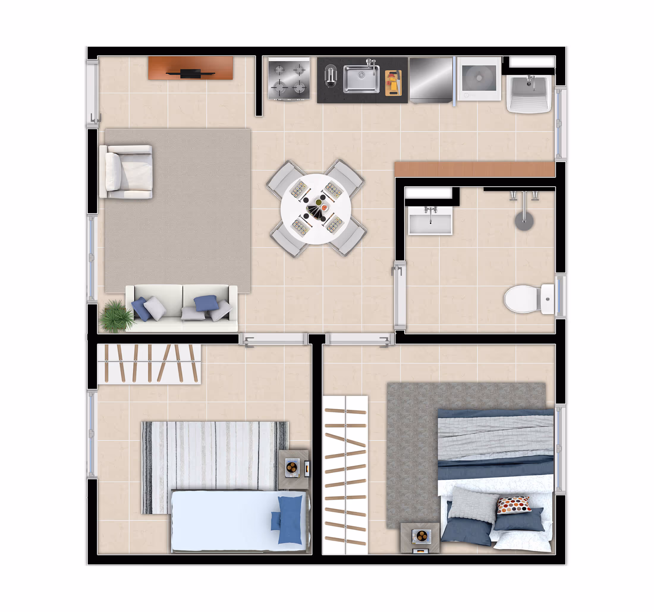 Planta 2 dormitórios • 44m²