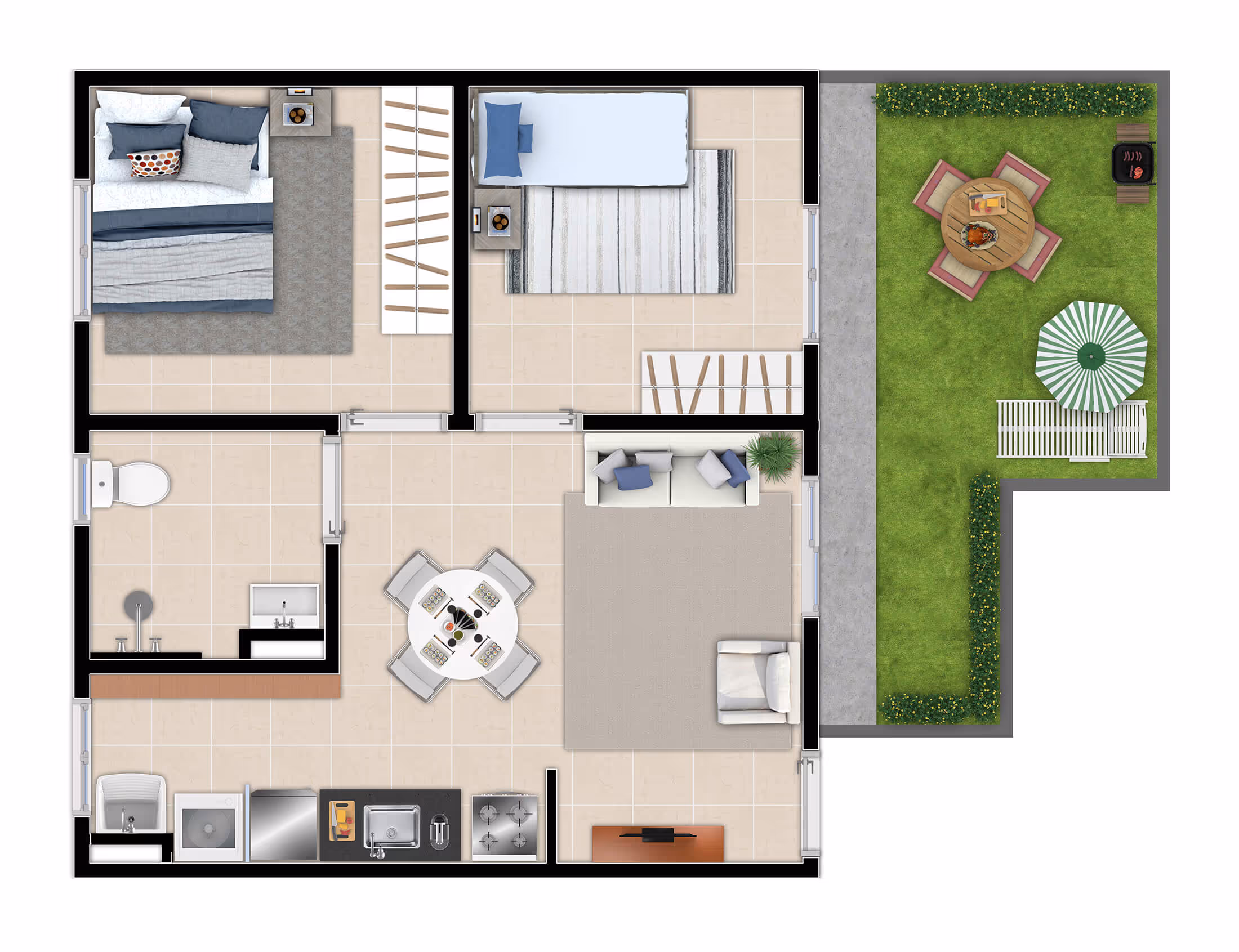 Planta 2 dormitórios • 44 + 13,46m² (c/ quintal)