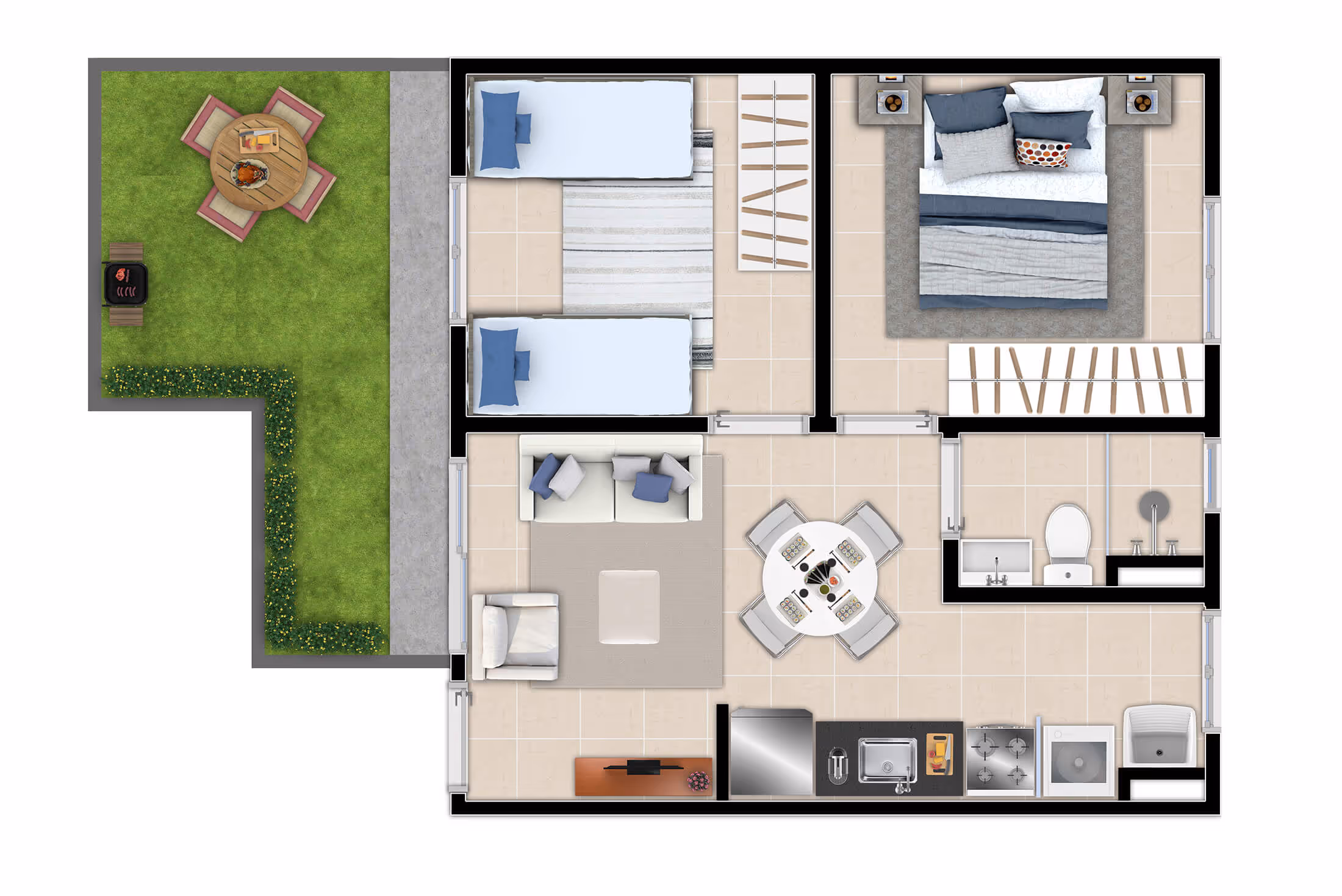 Planta 2 dormitórios • 39,21 + 11,42m² (c/ quintal)