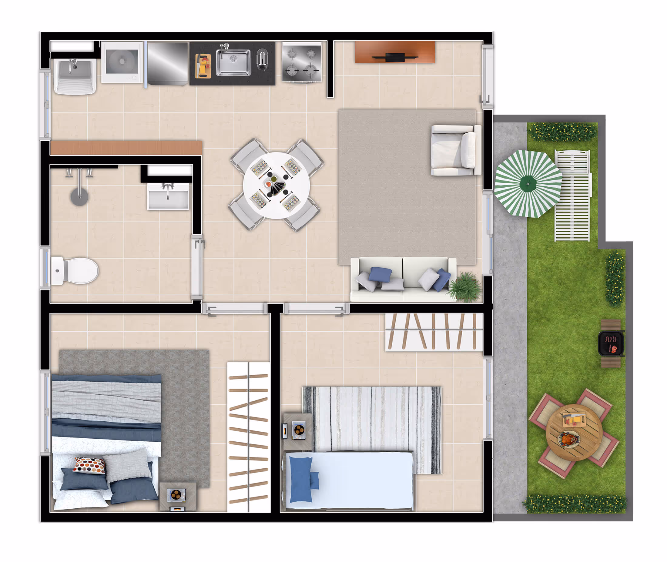 Planta 2 dormitórios • 44 + 10,60m² (c/ quintal)