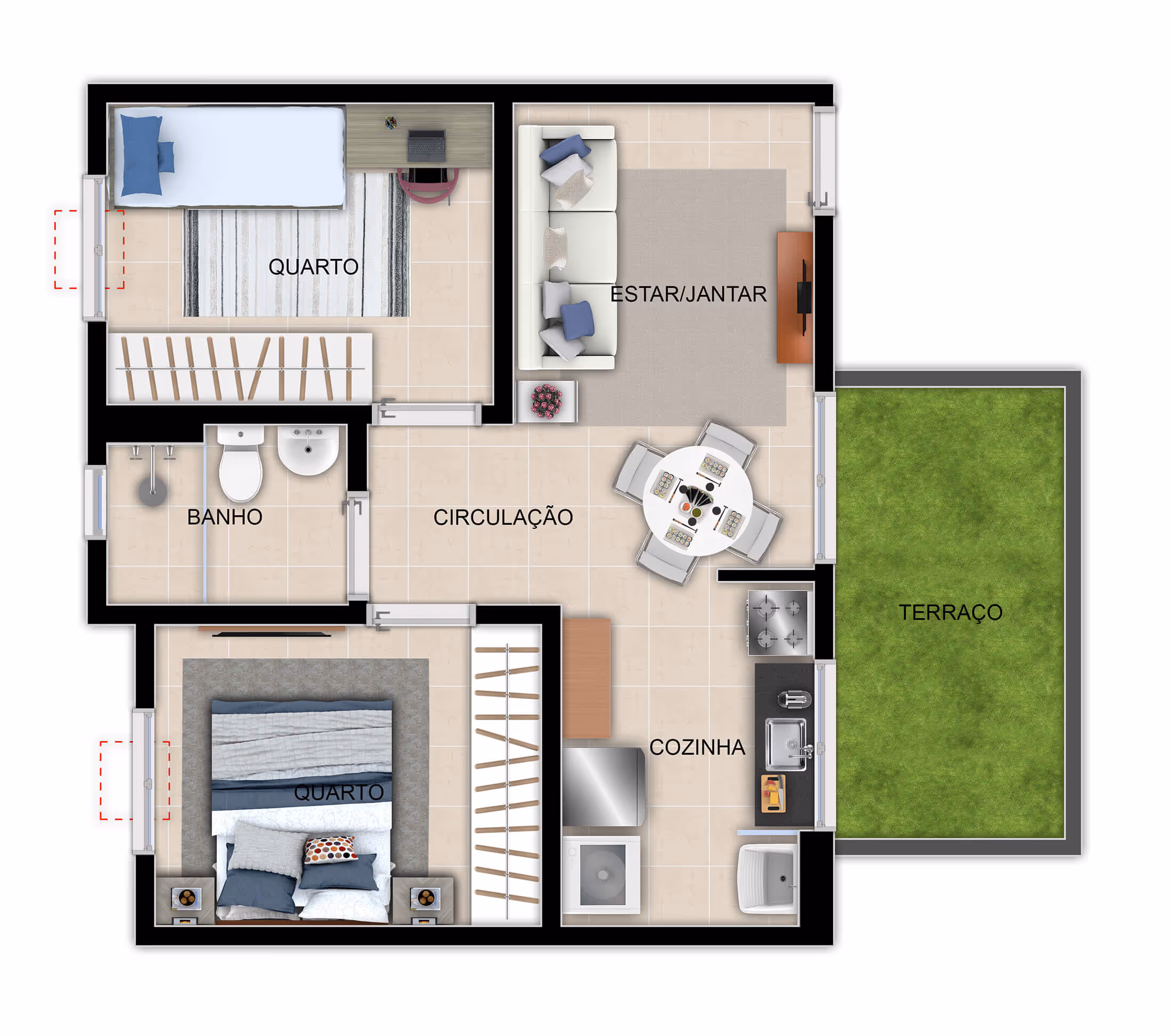 Planta 2 dormitórios • 42,14 + 7,71m² (c/ quintal)