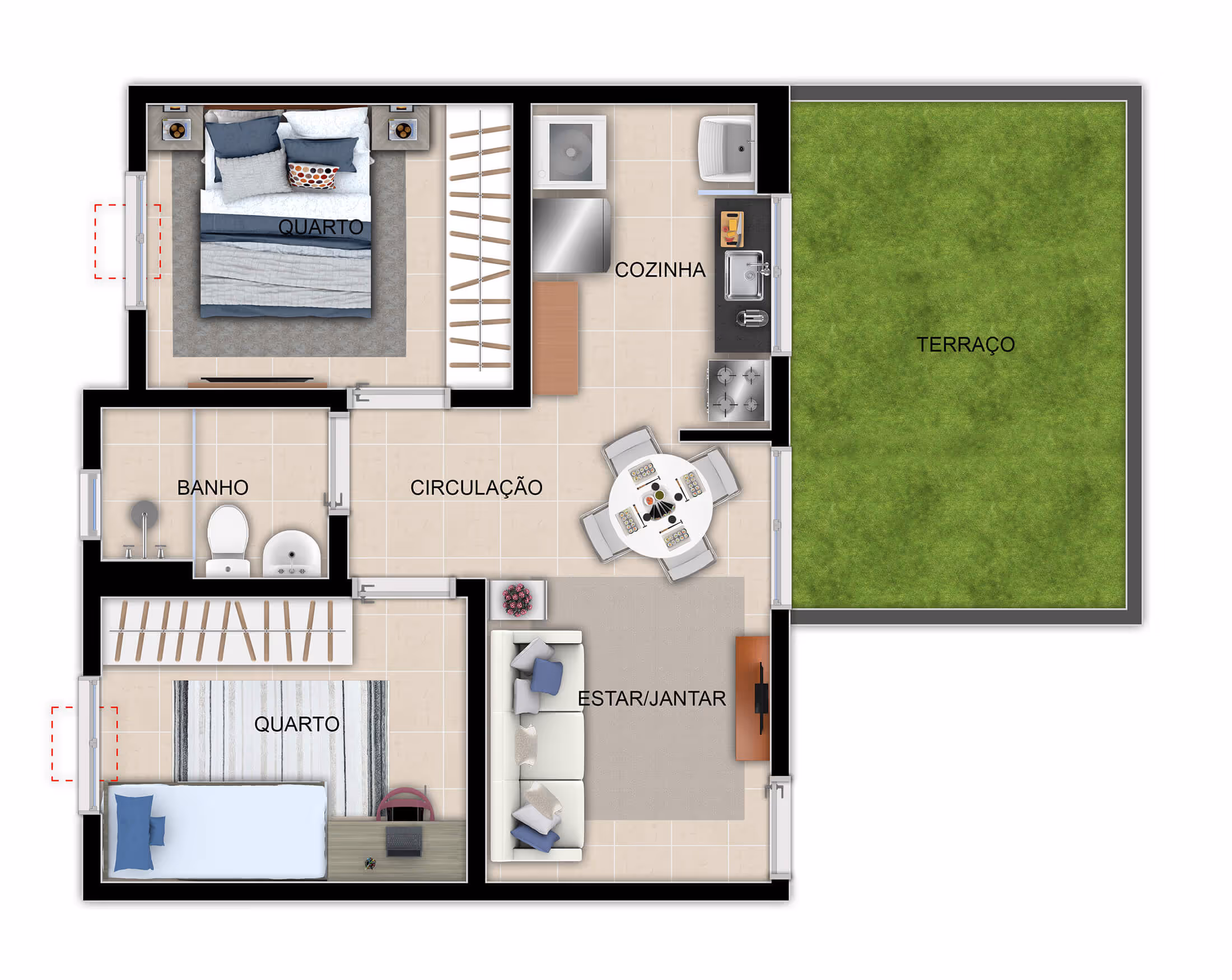 Planta 2 dormitórios • 42,14 + 13,92m² (c/ quintal)