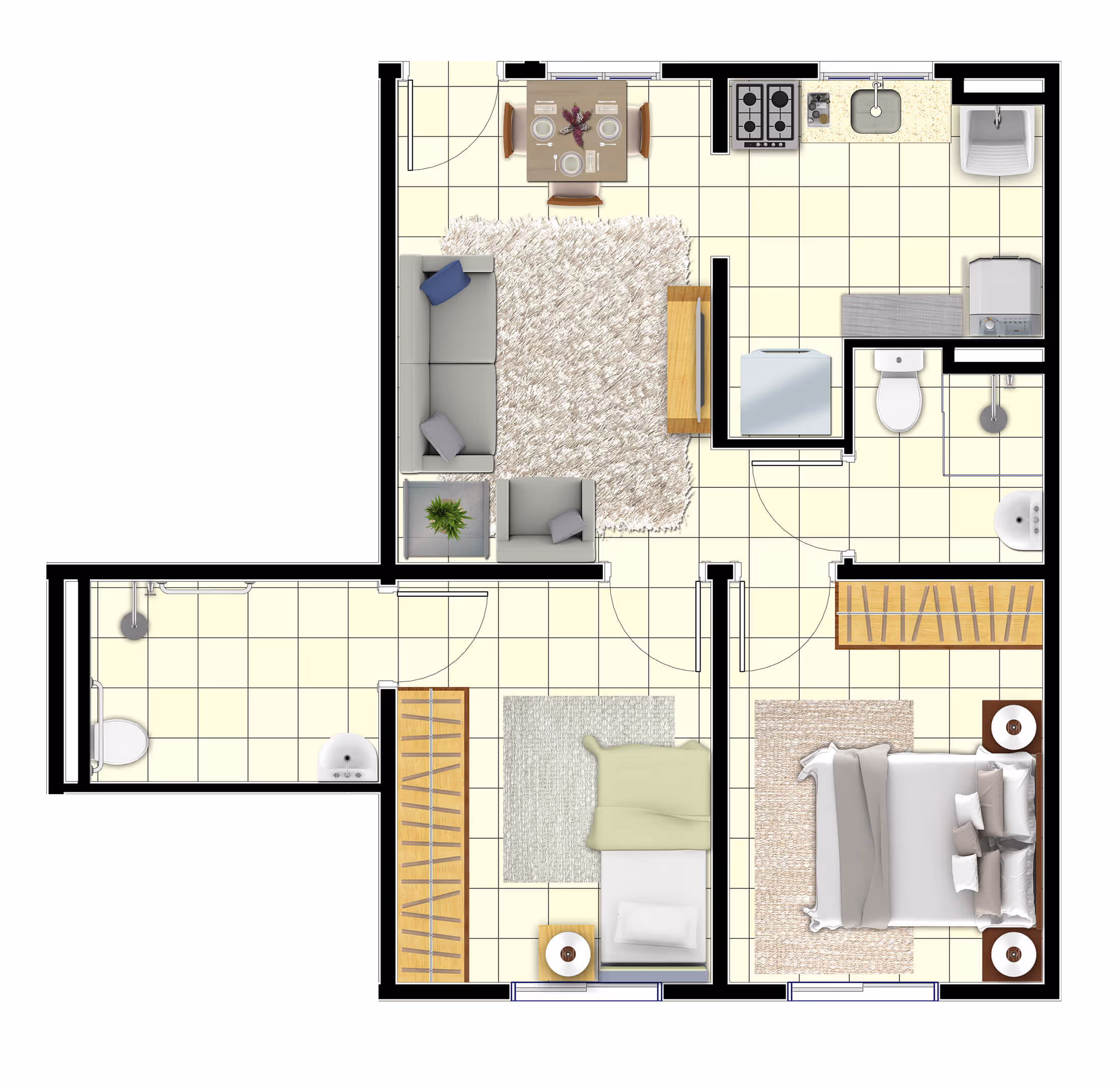 Planta 2 dormitórios (c/ suíte) • 44,60m²
