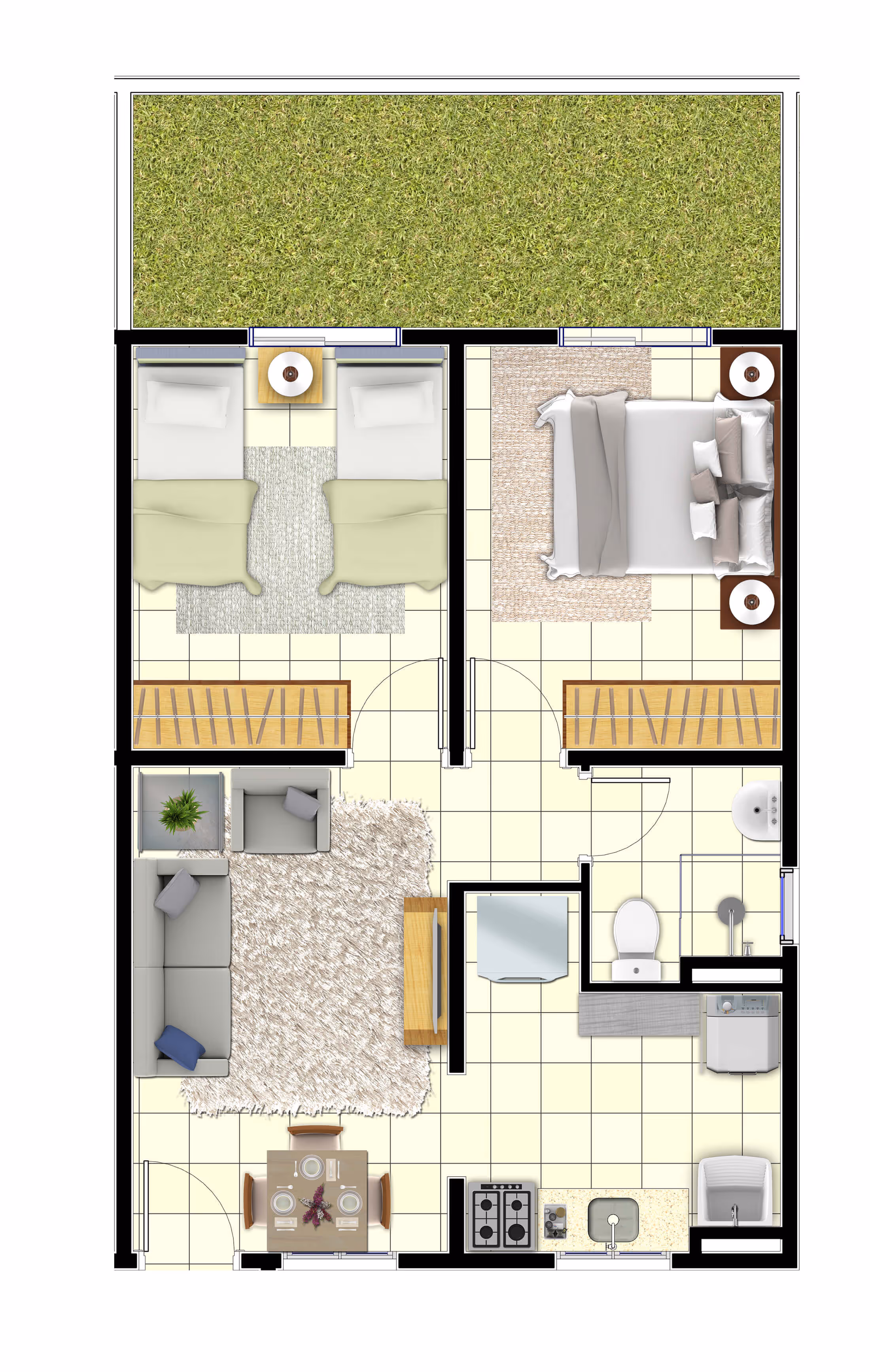 Planta 2 dormitórios • 40,31m² (c/ jardim)