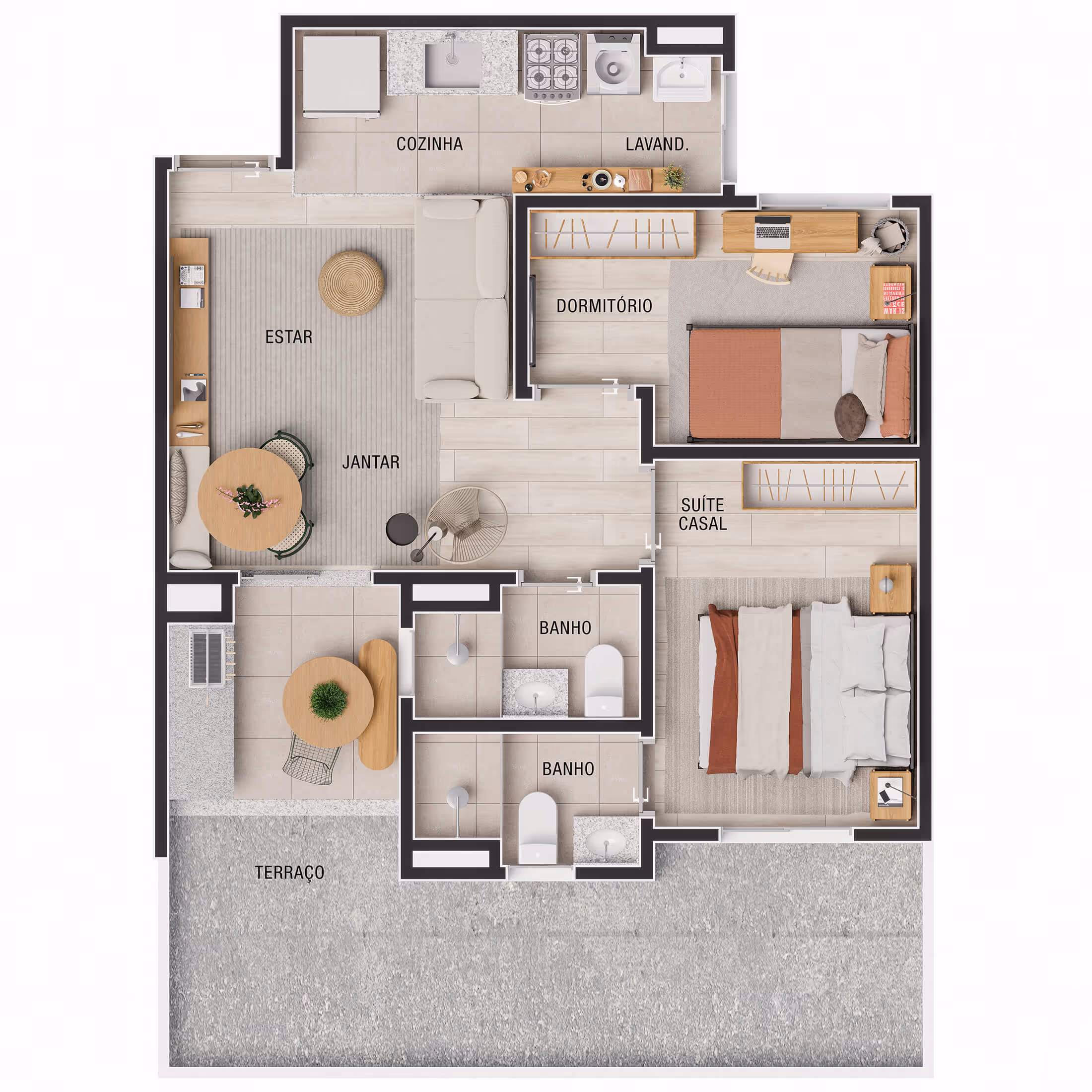 Planta 2 dormitórios (1 suíte) • 49,40m² + 14,24m² (final 4)