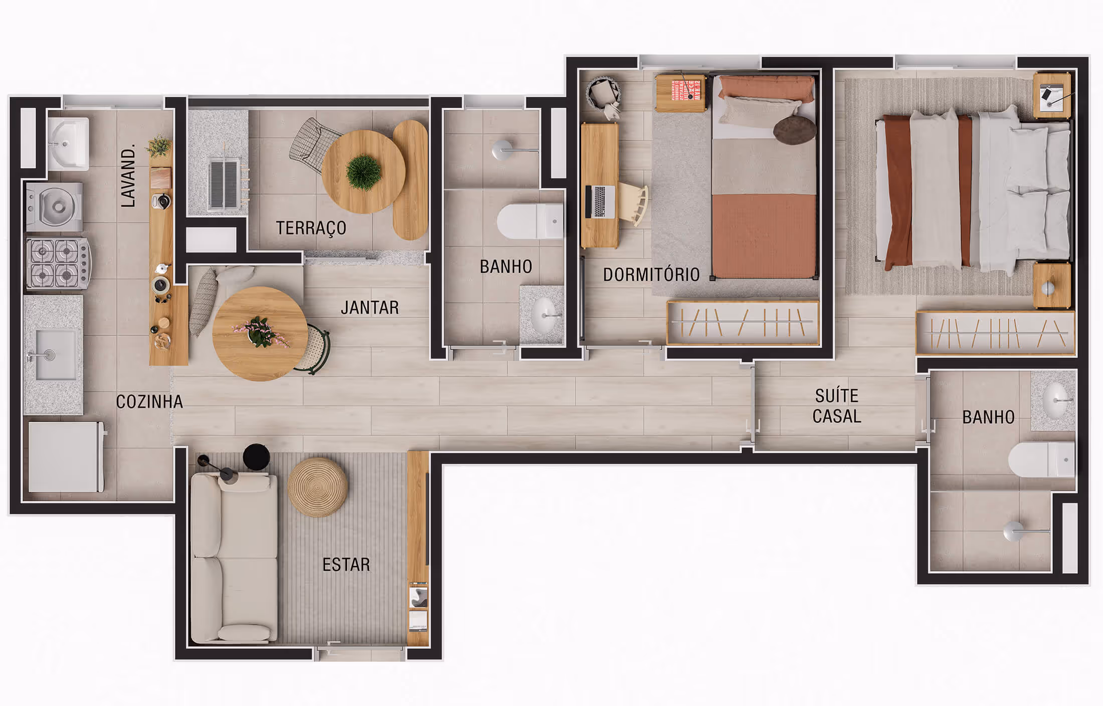 Planta 2 dormitórios (1 suíte) • 49,14m² (final 2)