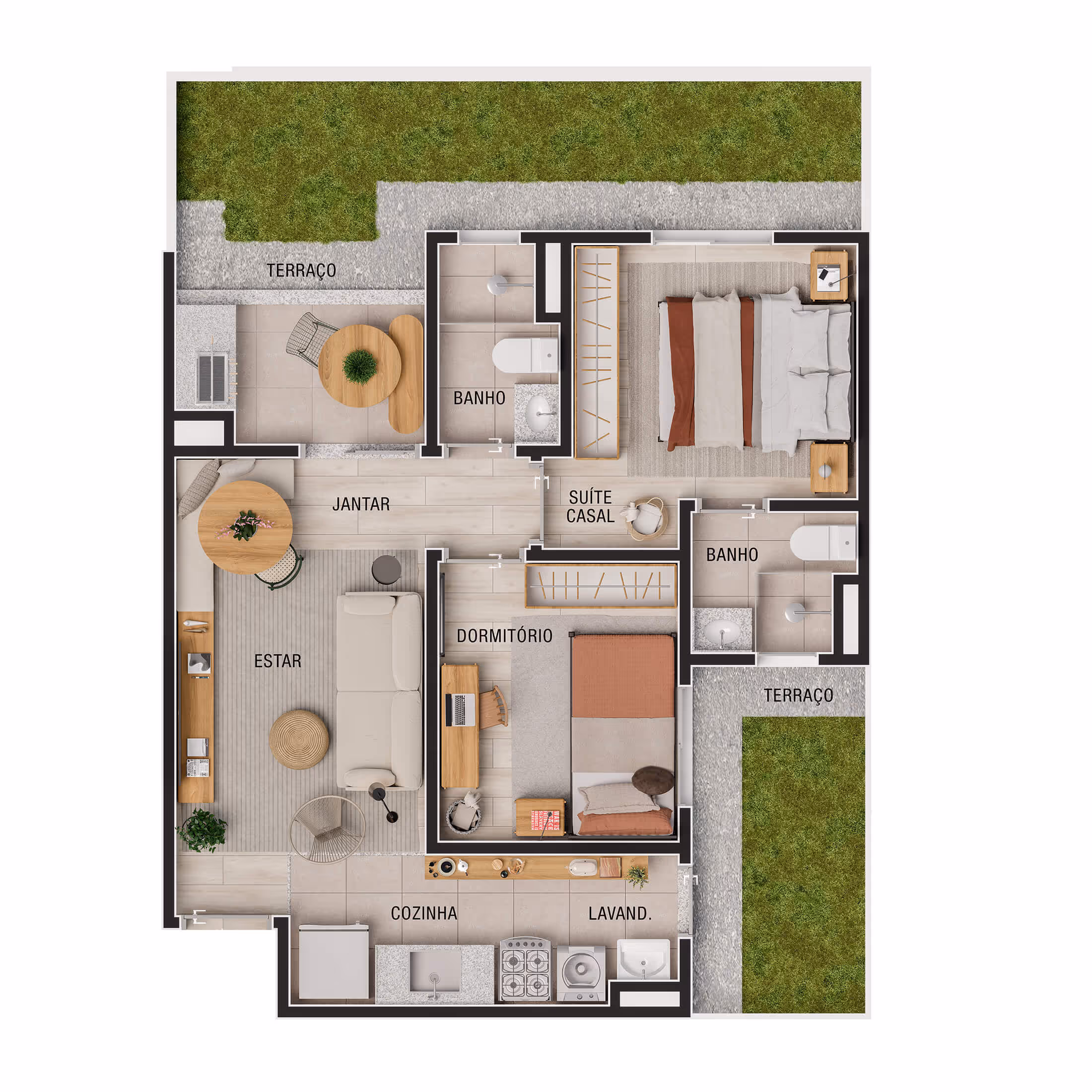 Planta 2 dormitórios (1 suíte) • 46,72m² + 19,18m² (final 3)