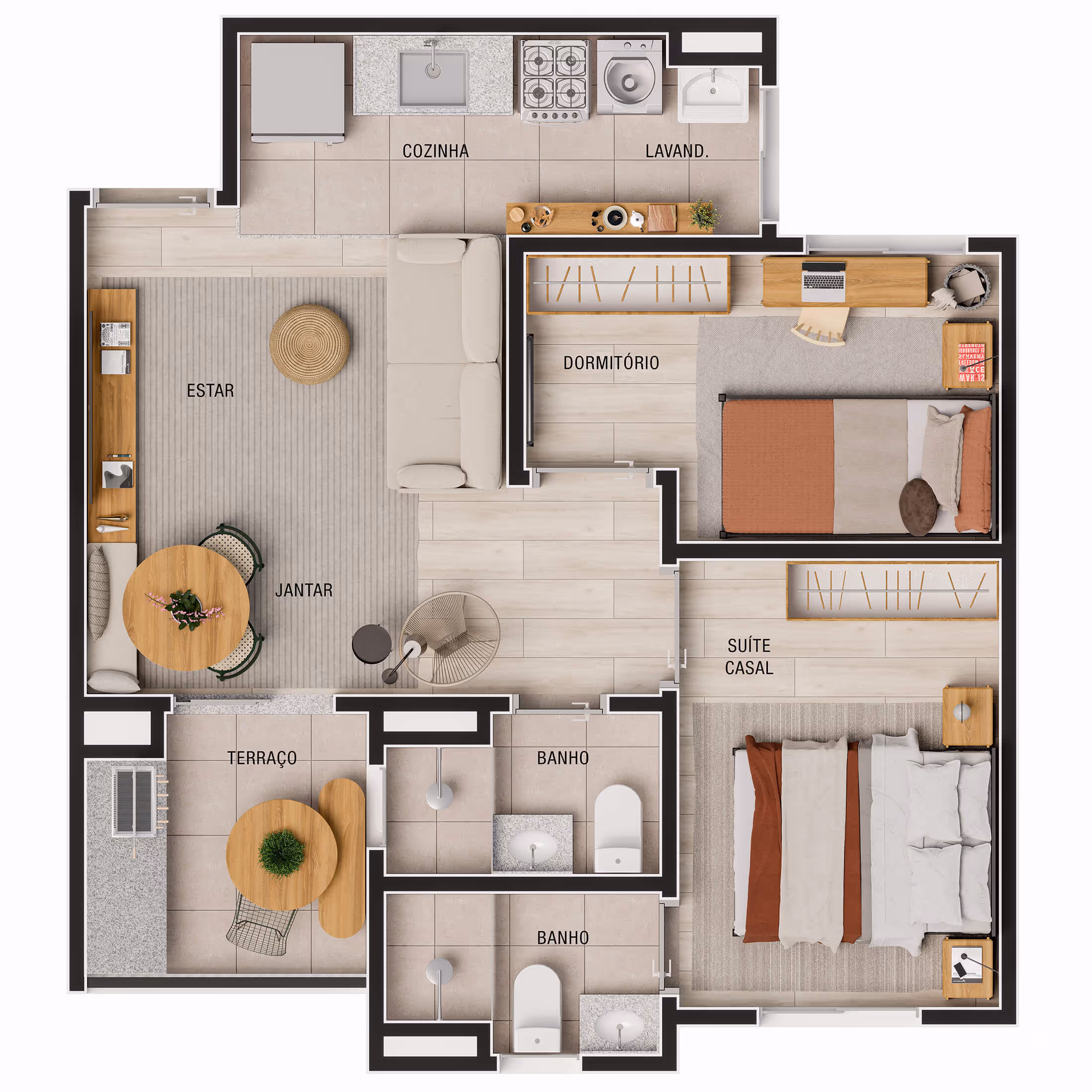 Planta 2 dormitórios (1 suíte) • 49,02m² (final 4)