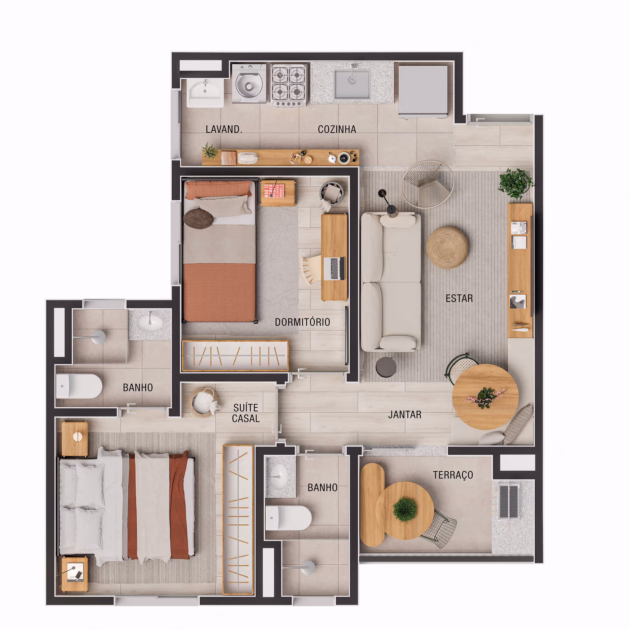 Planta 2 dormitórios (1 suíte) • 46,77m² e 46,72m² (final 1, 3 e 6)