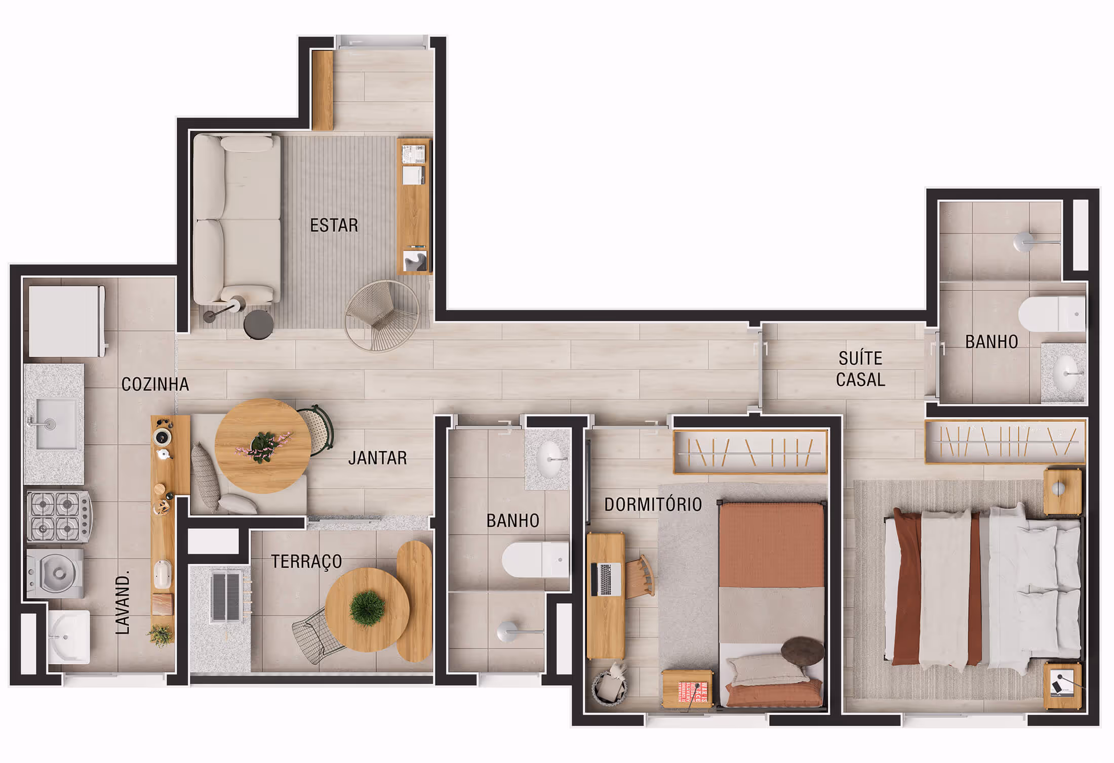Planta 2 dormitórios (1 suíte) • 50,66m² (final 5)