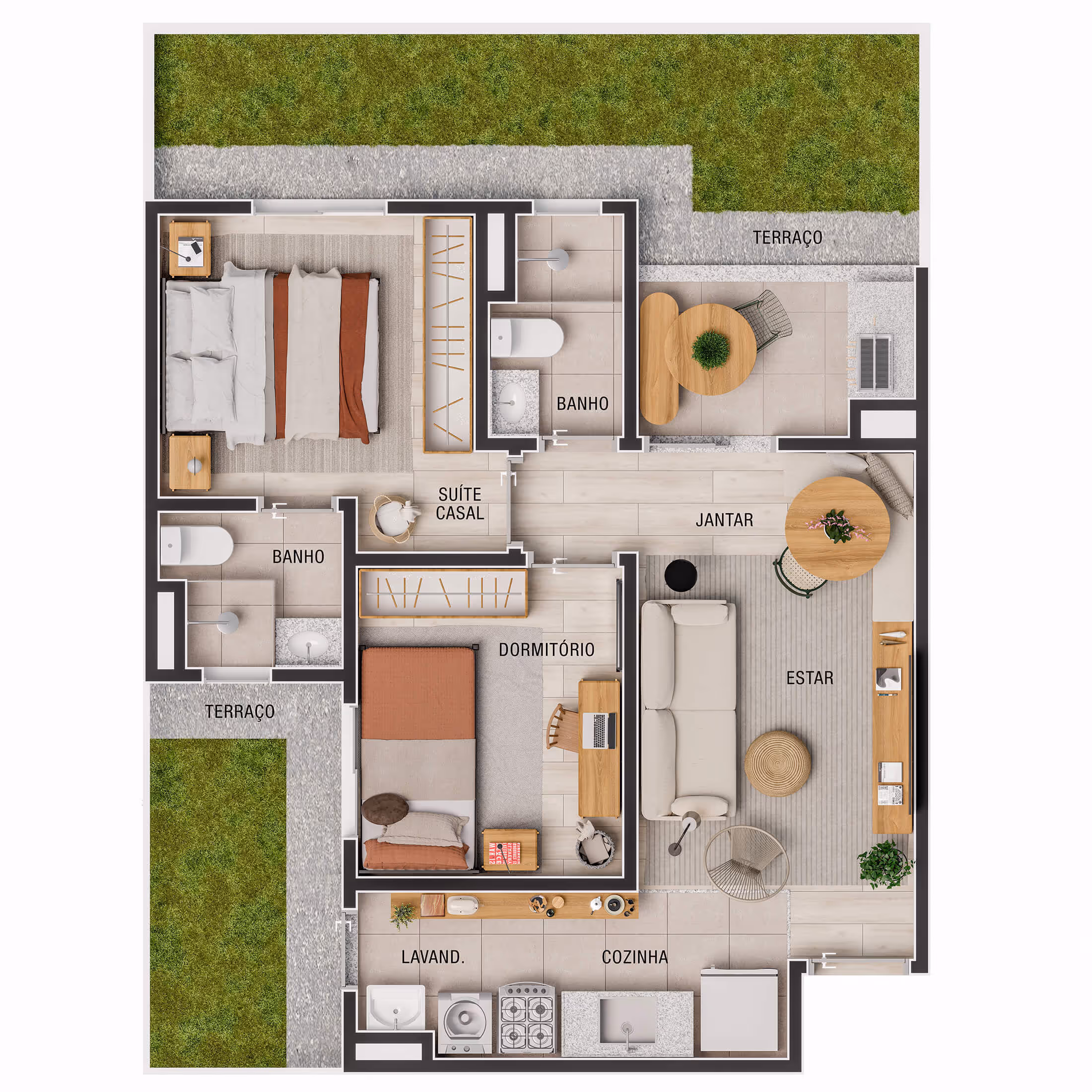 Planta 2 dormitórios (1 suíte) • 47,09m² + 19,20m² (final 1)
