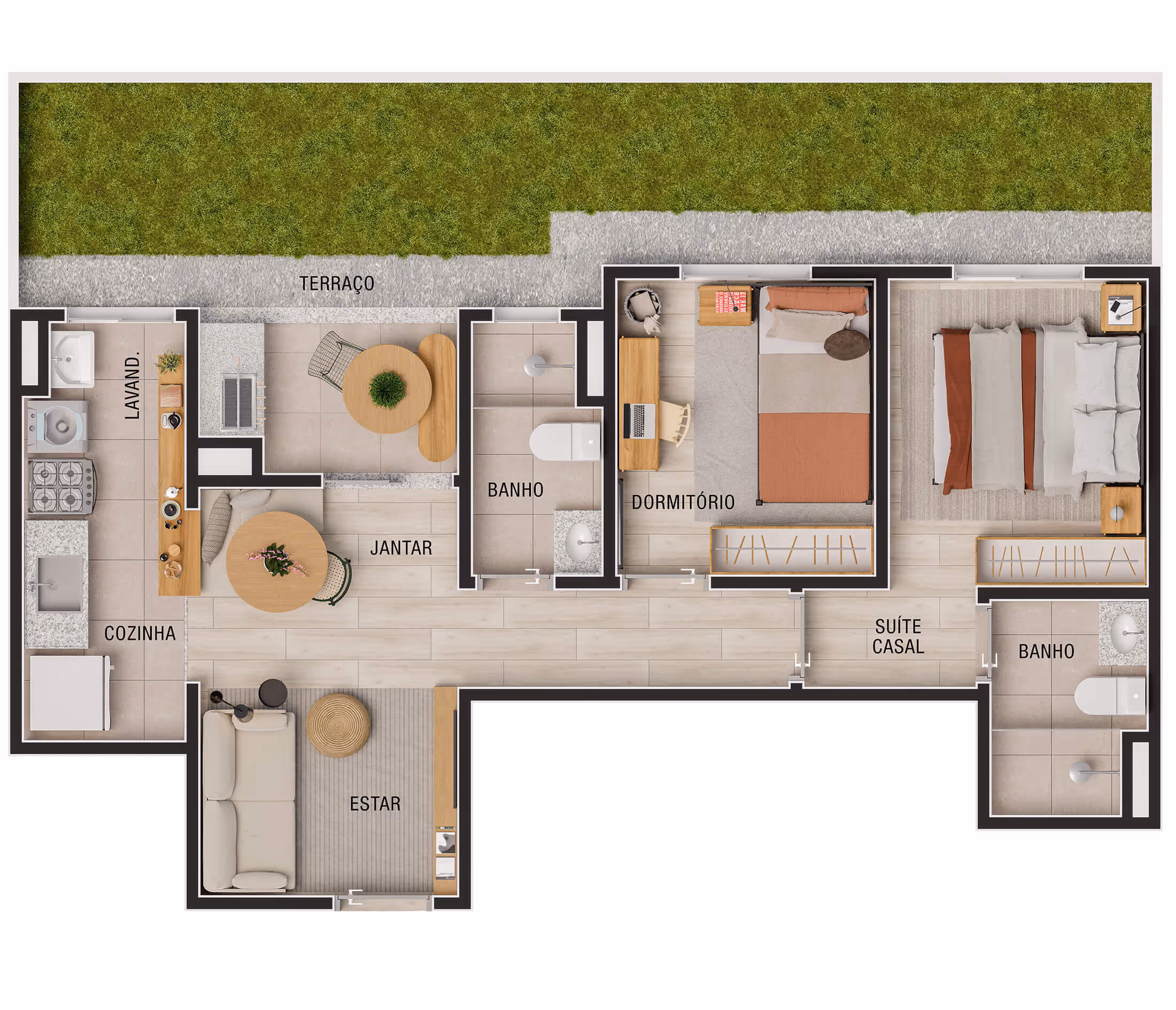 Planta 2 dormitórios (1 suíte) • 49,14m² + 21,46m² (final 2)