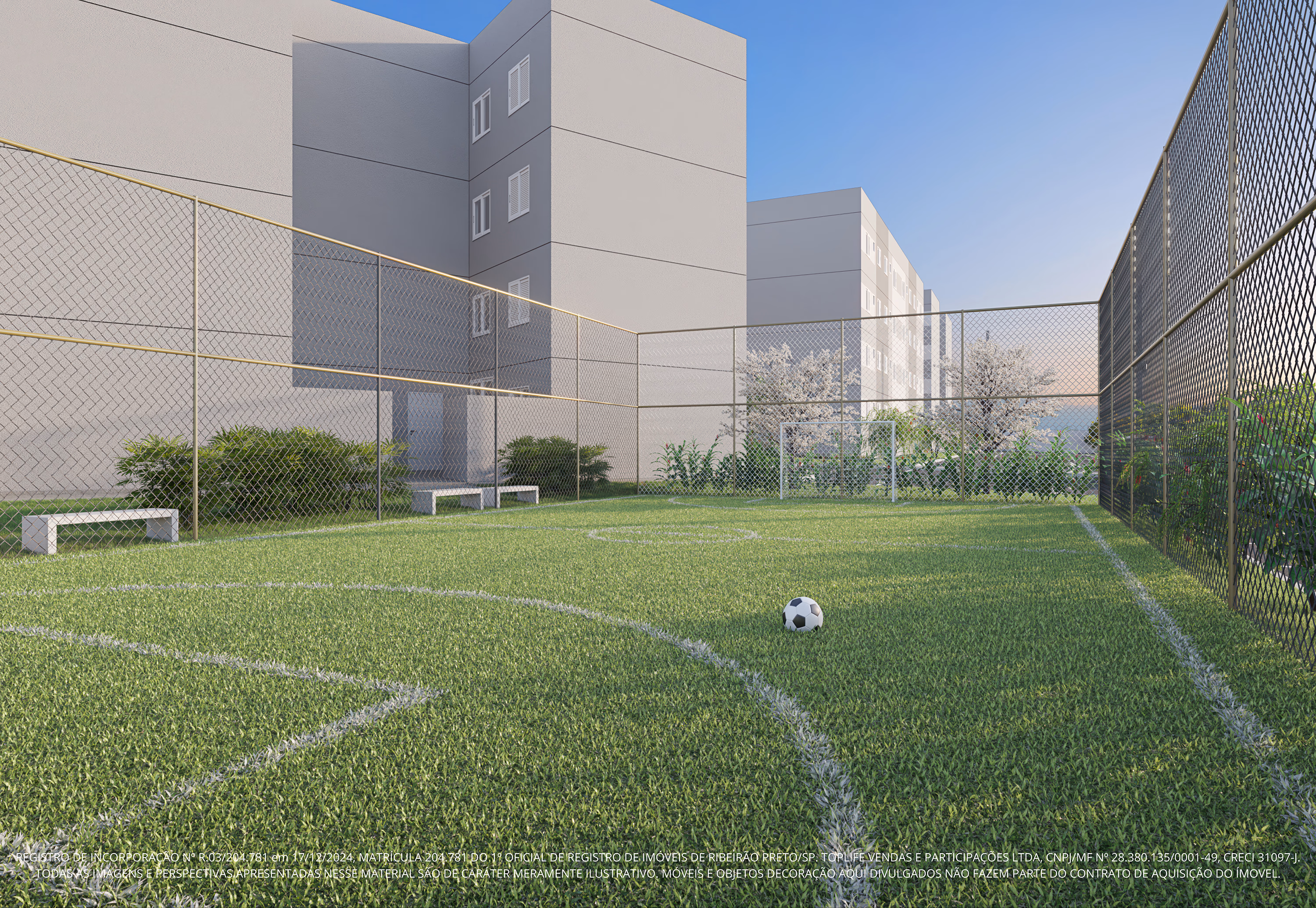 Perspectiva ilustrada da quadra de futebol gramada