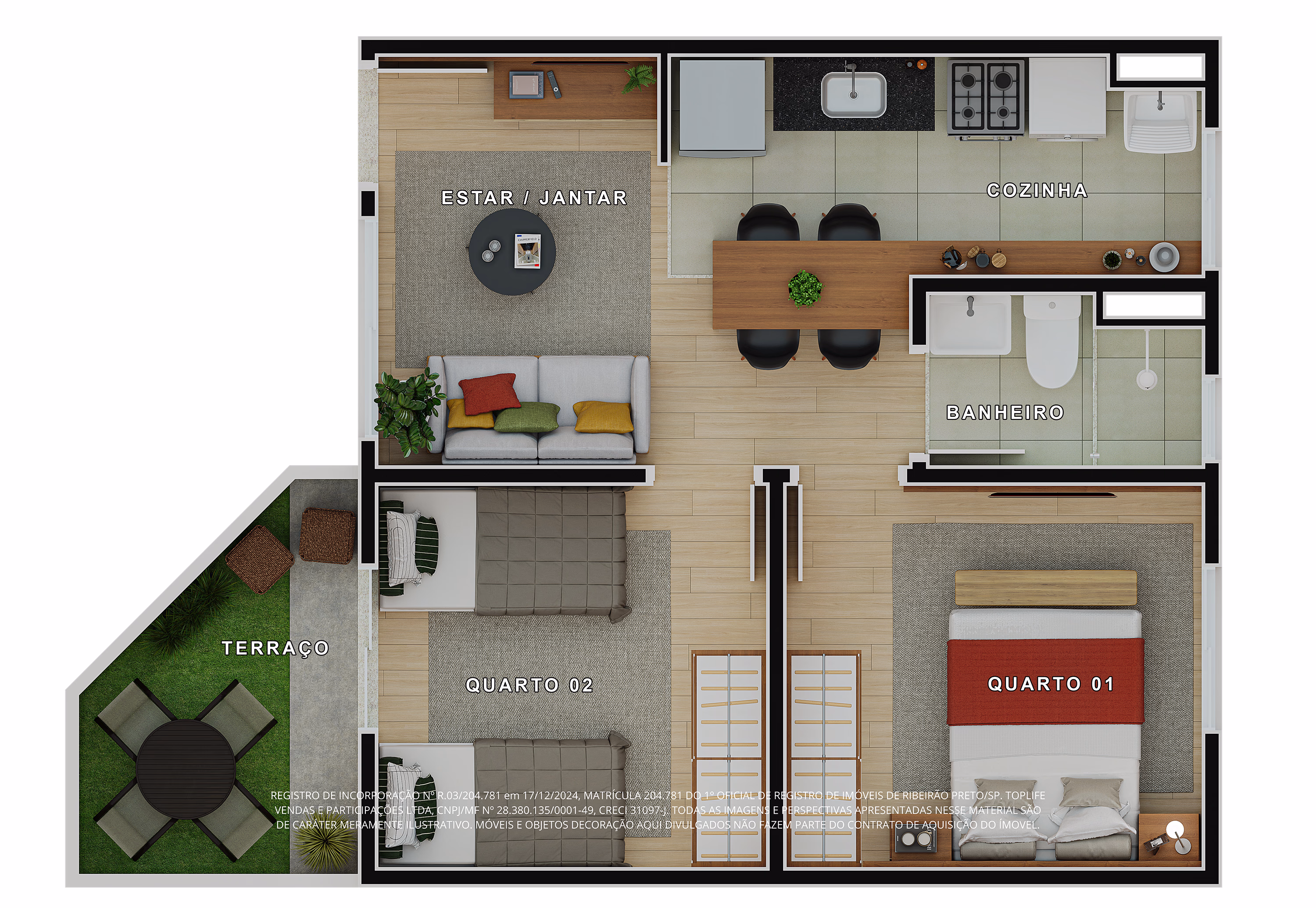Planta apto. térreo de 44,52m²