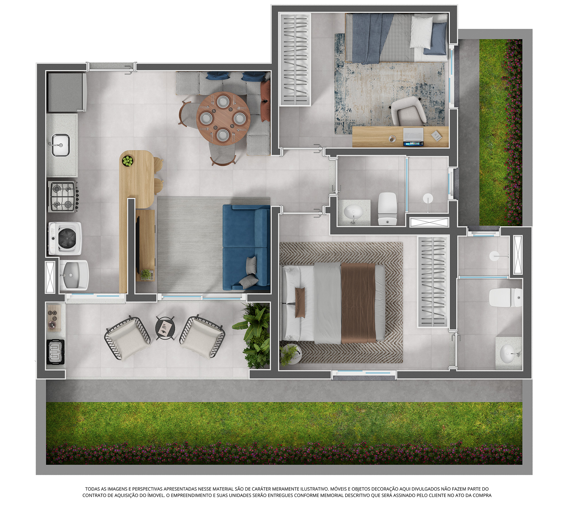 Planta garden 2 dorms. (c/ suíte e varanda grill) - 83 m²